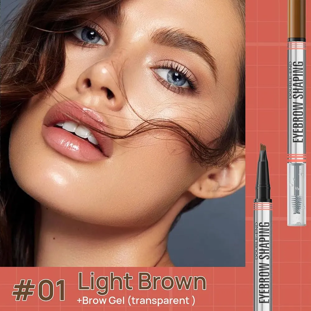 2-In-1 Brow Pen And Sealing Brow Gel, 3D Microblading Eyebrow Pen Waterproof with 4 Fork Tip & Precise Brow Brush, Magical 2-in-1 Dual-Ended Waterproof Eye Brow Pencils, Last All-Day (01#Light brown)