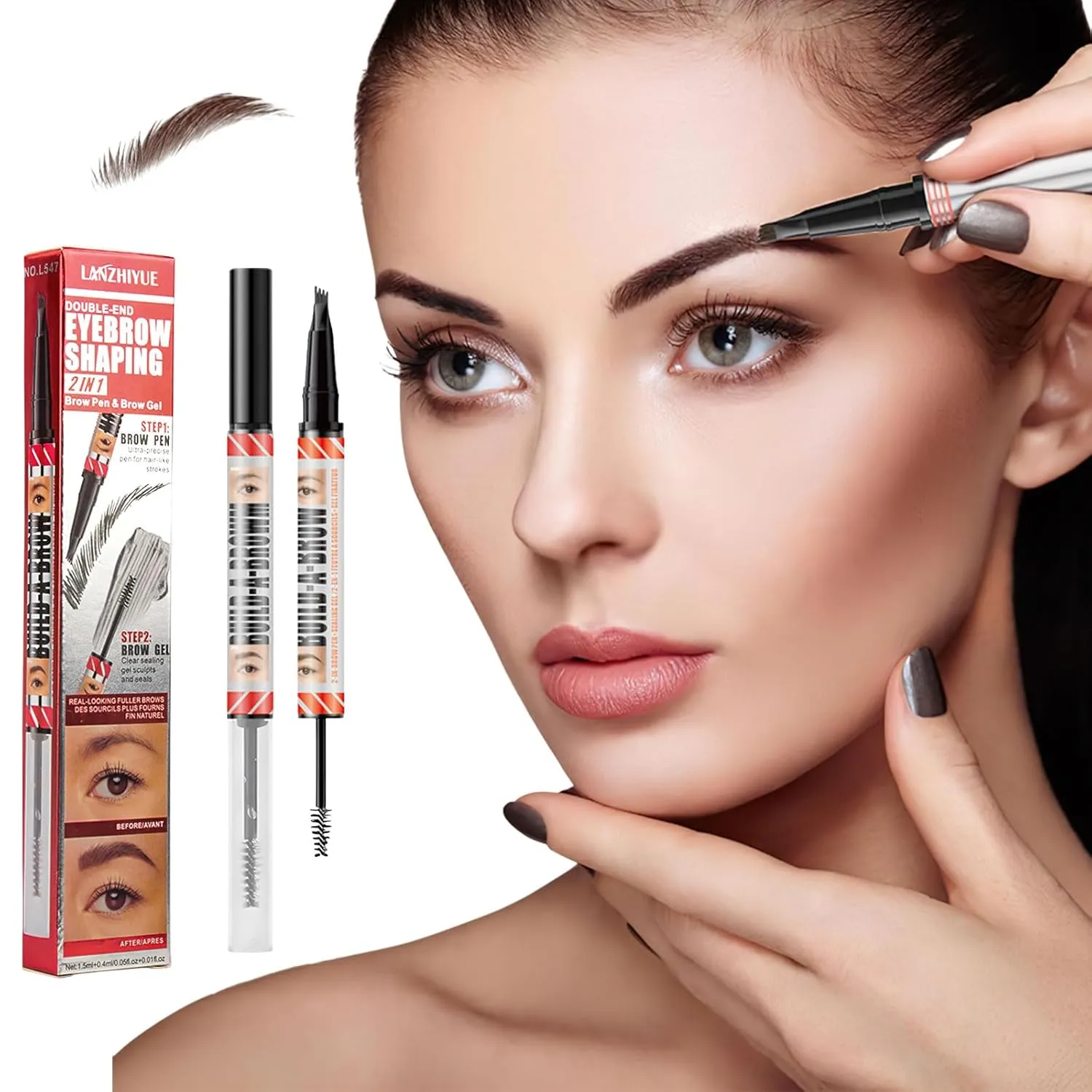 2-In-1 Microblading Eyebrow Pen, Waterproof Magic Dual-Ended Eyebrow Pencil with Four-Fork Tip and Eyebrow Brush, Create Natural Realistic Hair-Like Brows and Hair for Women(Dark Brown)