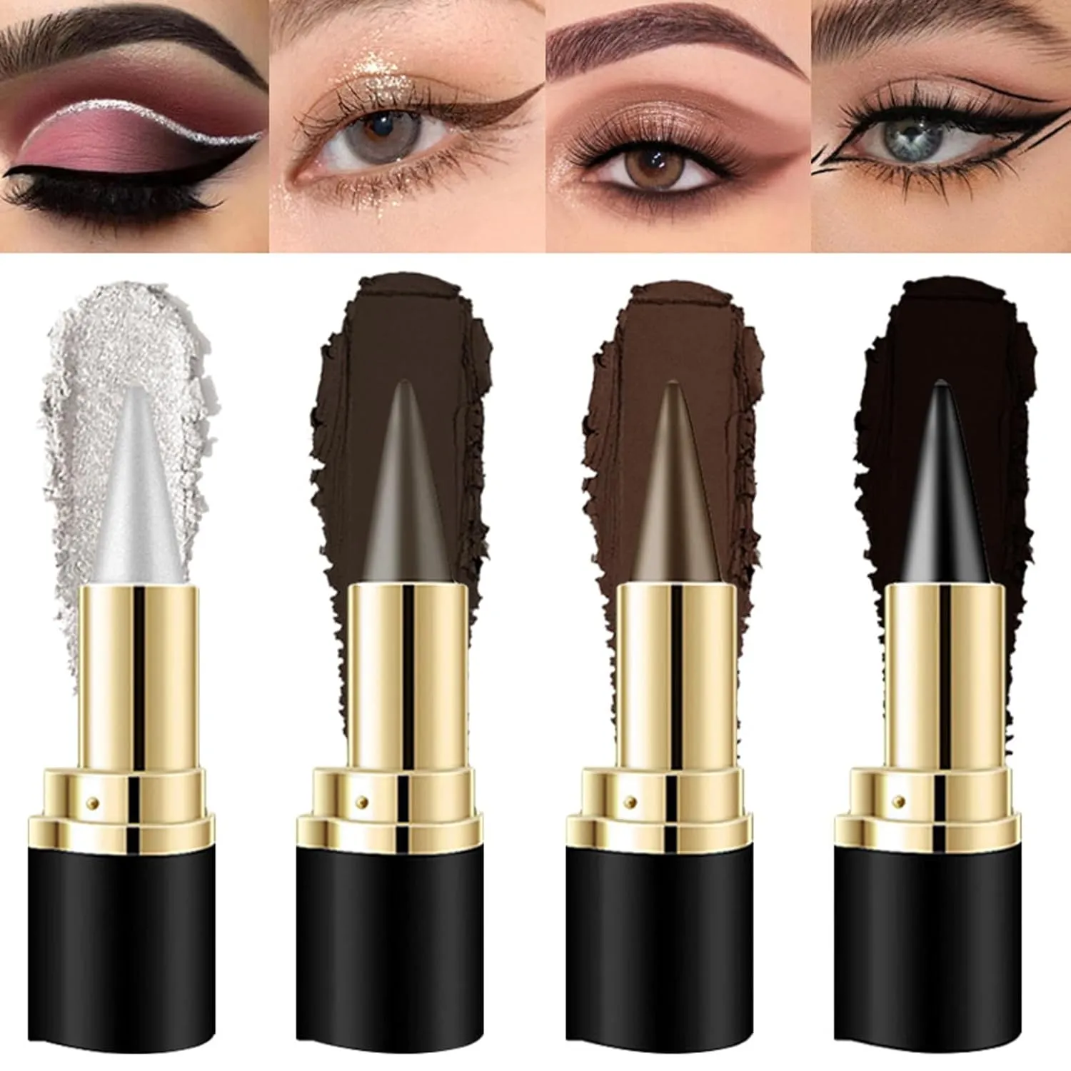 4Pcs Silver Black Dark Brown Light Brown Gel Eyeliner Pencil, Natural Black Eyeliner, Long Wear Gel Brown Eyeliner, Waterproof Cream Eyeliner Pen, Cat Eye Black Smokey Silver Glitter Eye Liners