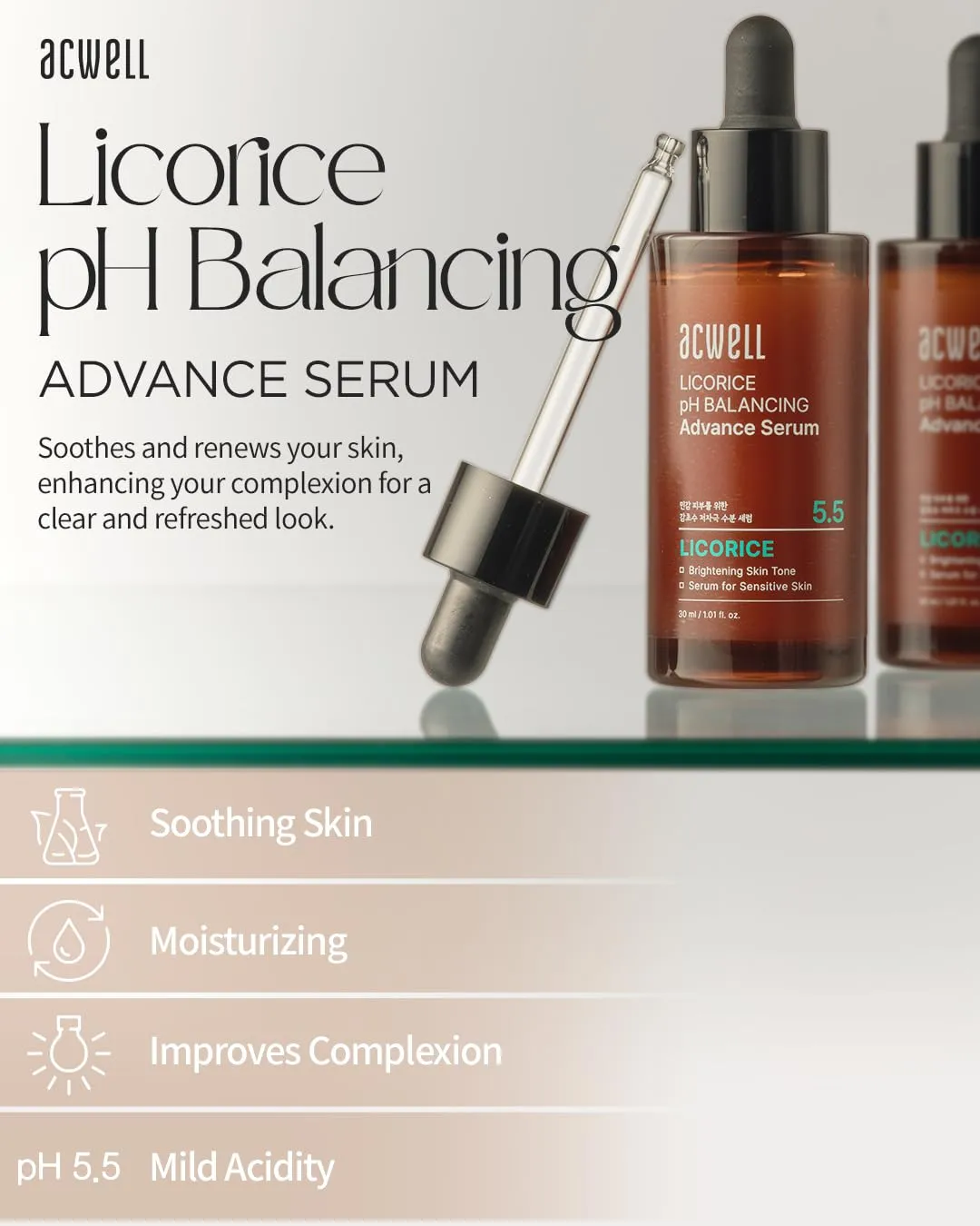 ACWELL Licorice pH Balancing Advanced Facial Serum Ampoule 1.01 fl.oz. - Radiance and Dark Spot care Face Serum for Dull Skin, Reduces Acne and Blemishes, Minimizes Fine Lines, Healthy Glow Skin