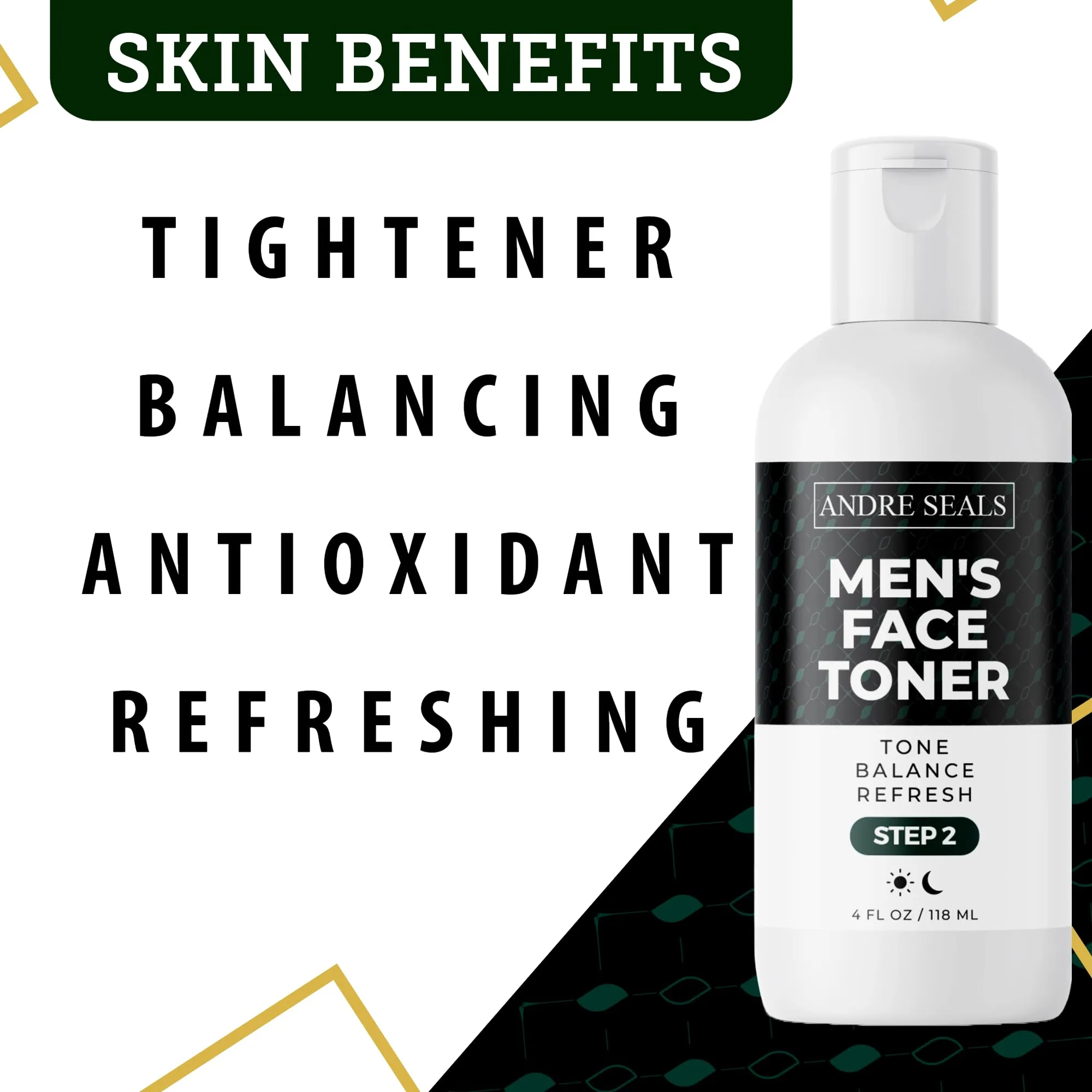 Andre Seals Face Toner for Men | Organic Witch Hazel, Hyaluronic Acid & Green Tea | Pore Minimizer, Astringent, Face Tightener, Hydrating Toner | Facial Toner for Men & Men Skin Care - 4 oz