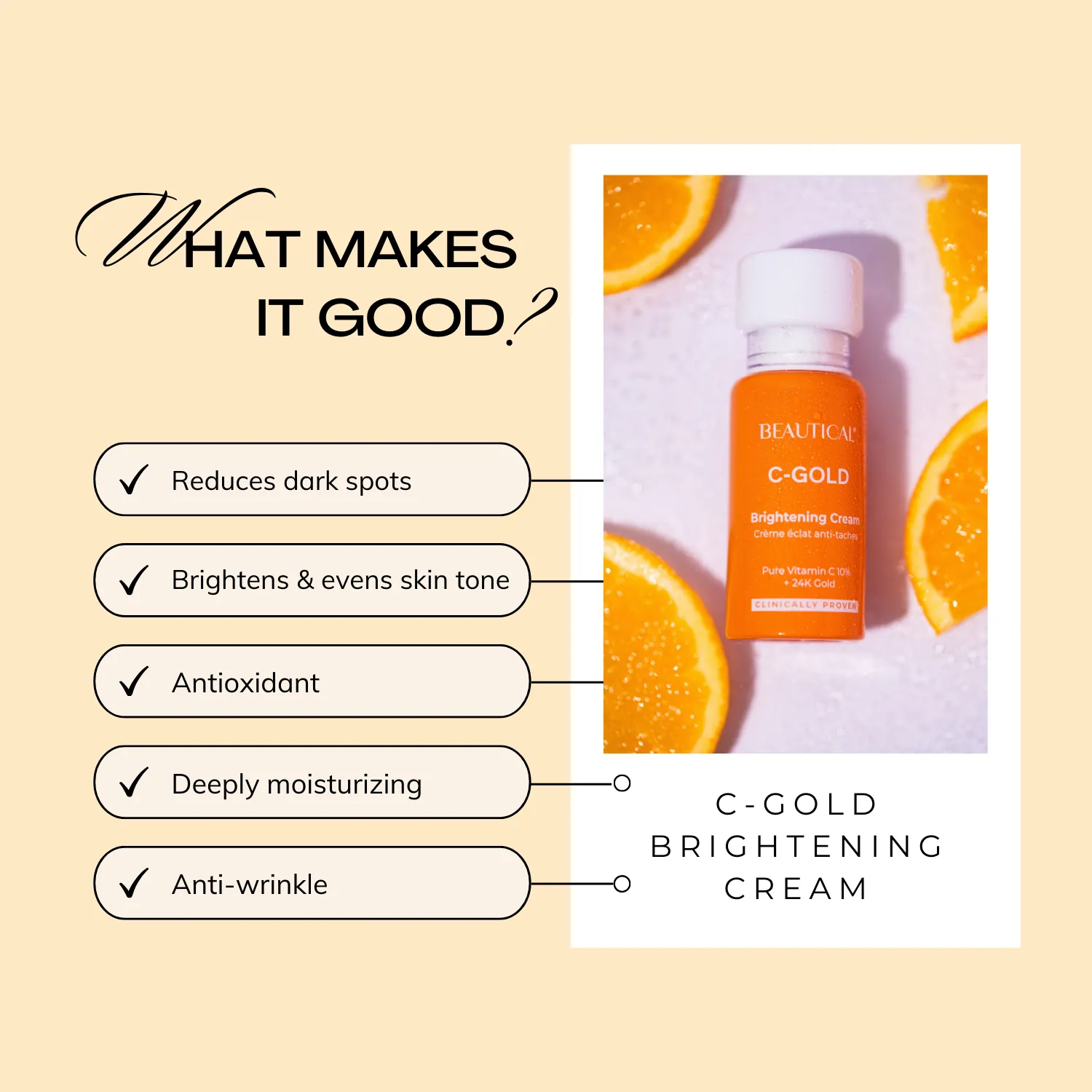 BEAUTICAL C-GOLD Brightening Cream - Anti-wrinkle, anti dark spots, moisturizing, anti aging, vitamin C cream - 15ml