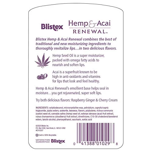 Blistex Hemp & Acai Renewal Lip Balm, 0.30 Ounce, 2 Count â€“ Raspberry Ginger & Cherry Cream, Moisturizing Lip Balm, Super Fruit Benefits, Nourishes & Conditions Lips