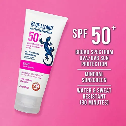 BLUE LIZARD Baby Mineral Sunscreen with Zinc Oxide, SPF 50 , Water Resistant, UVA/UVB Protection with Smart Cap Technology - Fragrance Free, 3 Ounce Tube (Pack of 2)