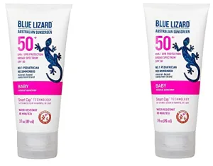 BLUE LIZARD Baby Mineral Sunscreen with Zinc Oxide, SPF 50 , Water Resistant, UVA/UVB Protection with Smart Cap Technology - Fragrance Free, 3 Ounce Tube (Pack of 2)