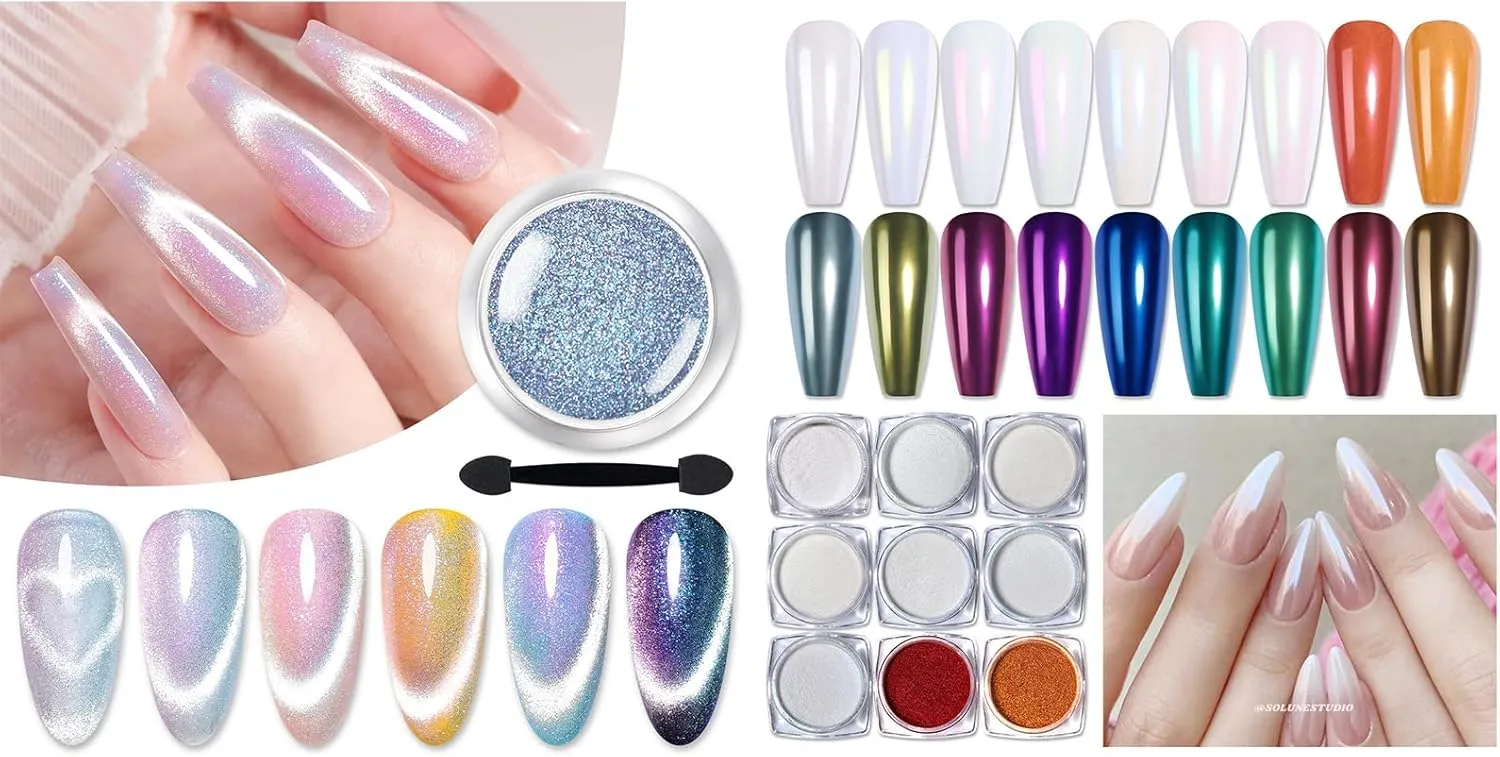 BORN PRETTY 9 Jars Chrome Nail Powder with 1 Jar Cat Magnetic Chrome Nail Powder
