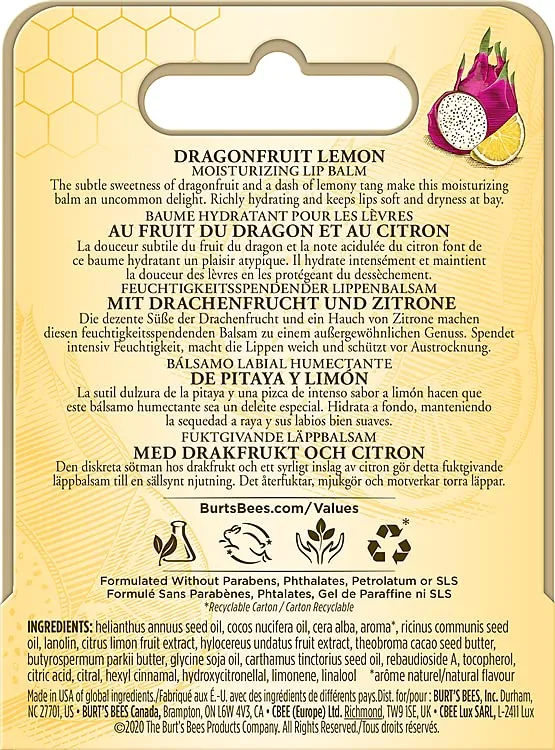 Burt's Bees® 100% Natural Origin Moisturizing Lip Balm, Dragonfruit Lemon with Beeswax & Fruit Extracts, Blister
