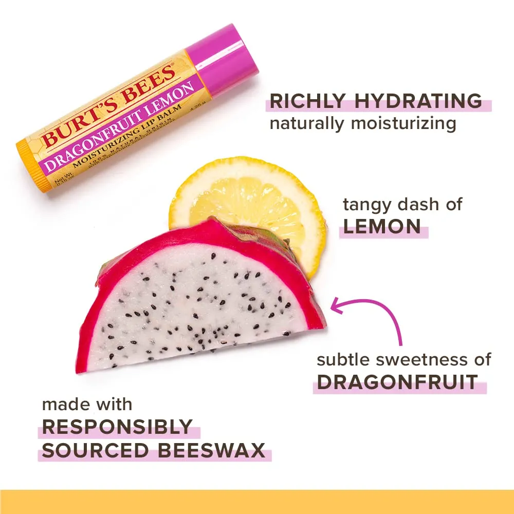Burt's Bees® 100% Natural Origin Moisturizing Lip Balm, Dragonfruit Lemon with Beeswax & Fruit Extracts, Blister
