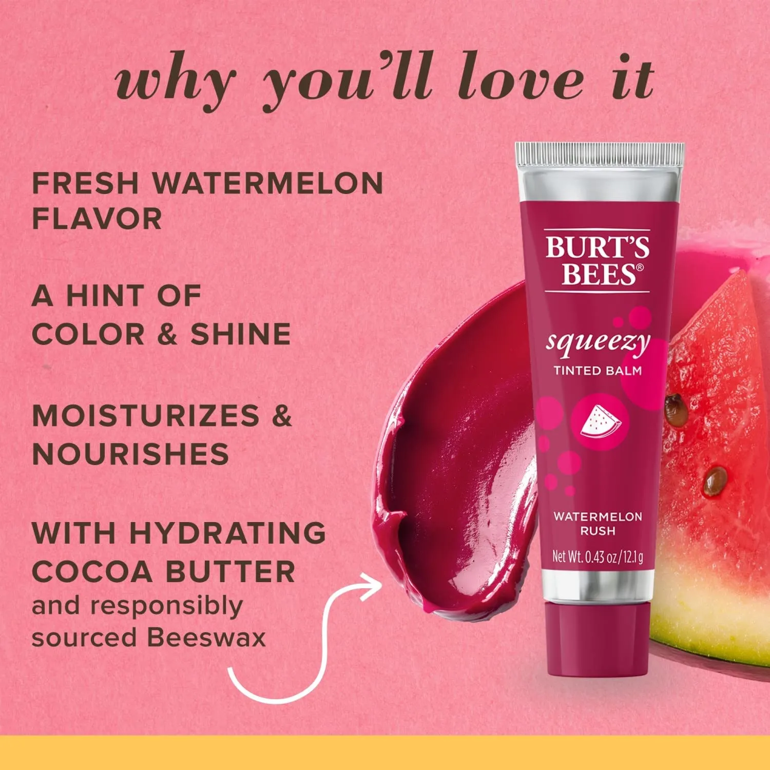 Burt's Bees 100% Natural Origin Squeezy Tinted Lip Balm, Watermelon Rush, 0.43 Ounce Squeeze Tube