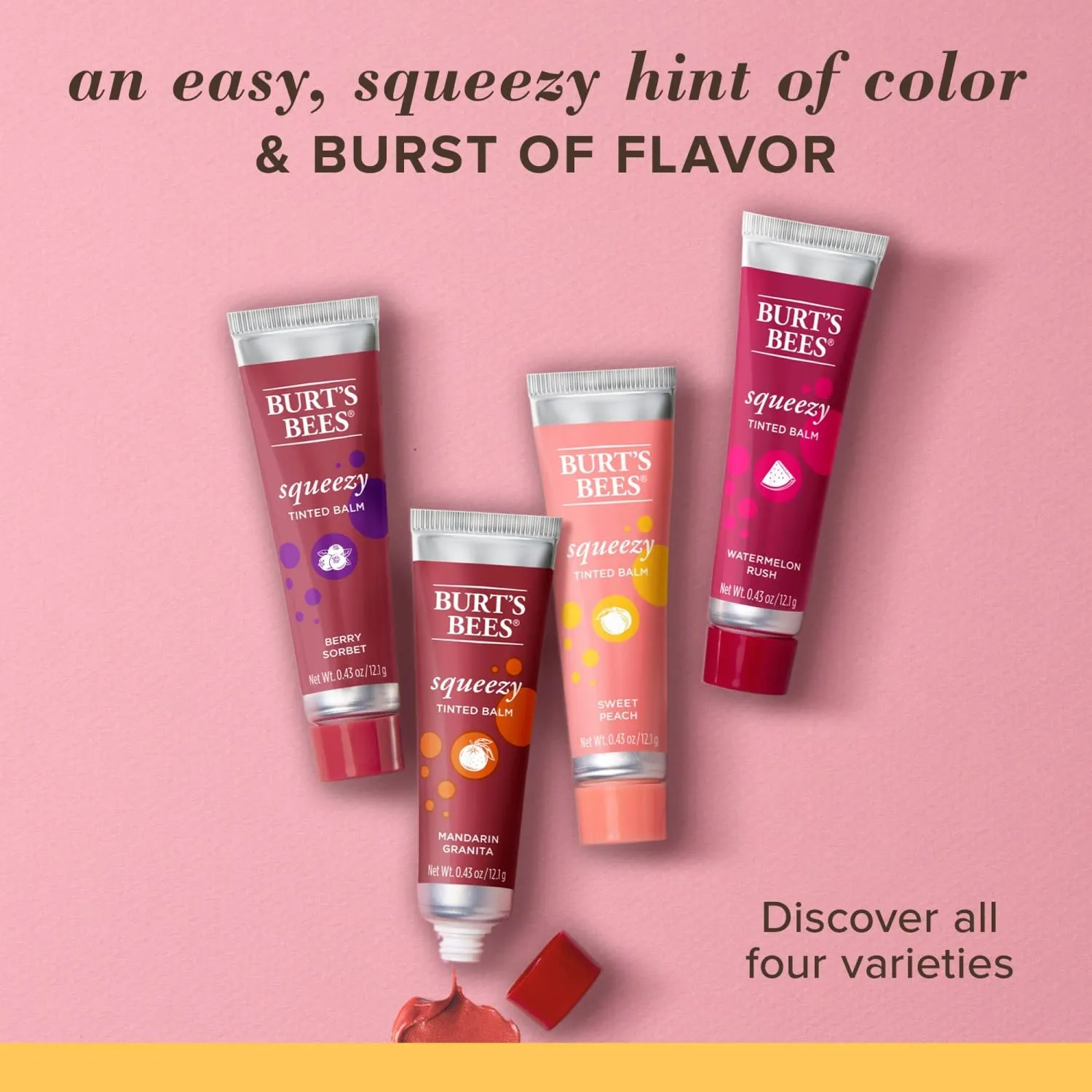 Burt's Bees 100% Natural Origin Squeezy Tinted Lip Balm, Watermelon Rush, 0.43 Ounce Squeeze Tube