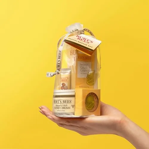 Burt's Bees Gifts Ideas - Hand Repair Set, 3 Hand Creams plus Gloves - Almond Milk Hand Cream, Lemon Butter Cuticle Cream, Shea Butter Hand Repair Cream