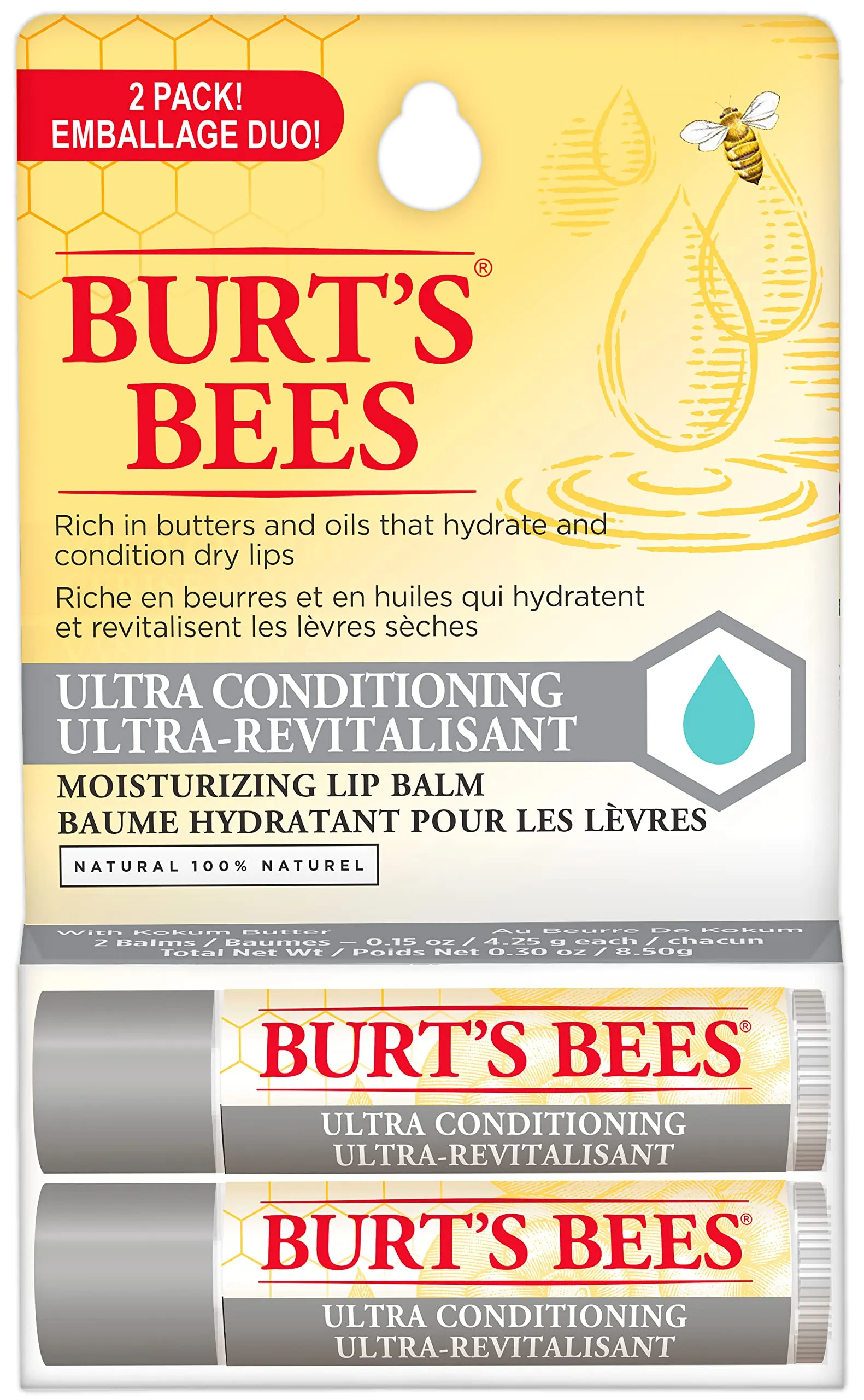 Burt's Bees Hydrating Lip Balm for Dry Chapped and Cracked Lips 100% Natural Origin, Ultra Conditioning with Kokum Butter, Shea Butter, and Cocoa Butter, Unscented, 2 Tubes