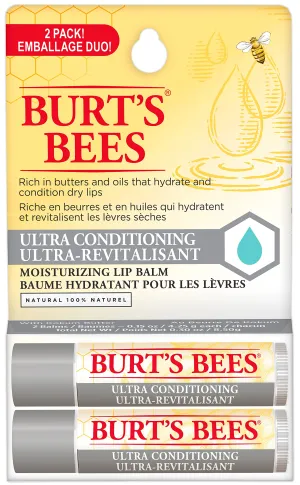 Burt's Bees Hydrating Lip Balm for Dry Chapped and Cracked Lips 100% Natural Origin, Ultra Conditioning with Kokum Butter, Shea Butter, and Cocoa Butter, Unscented, 2 Tubes