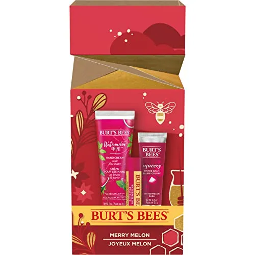 Burt's Bees Merry Melon set with Watermelon Moisturizing Lip Balm, Watermelon Rush Squeezy Tinted Balm and Watermelon and Mint Hand Cream, 3 Assorted Products, Holiday Gift
