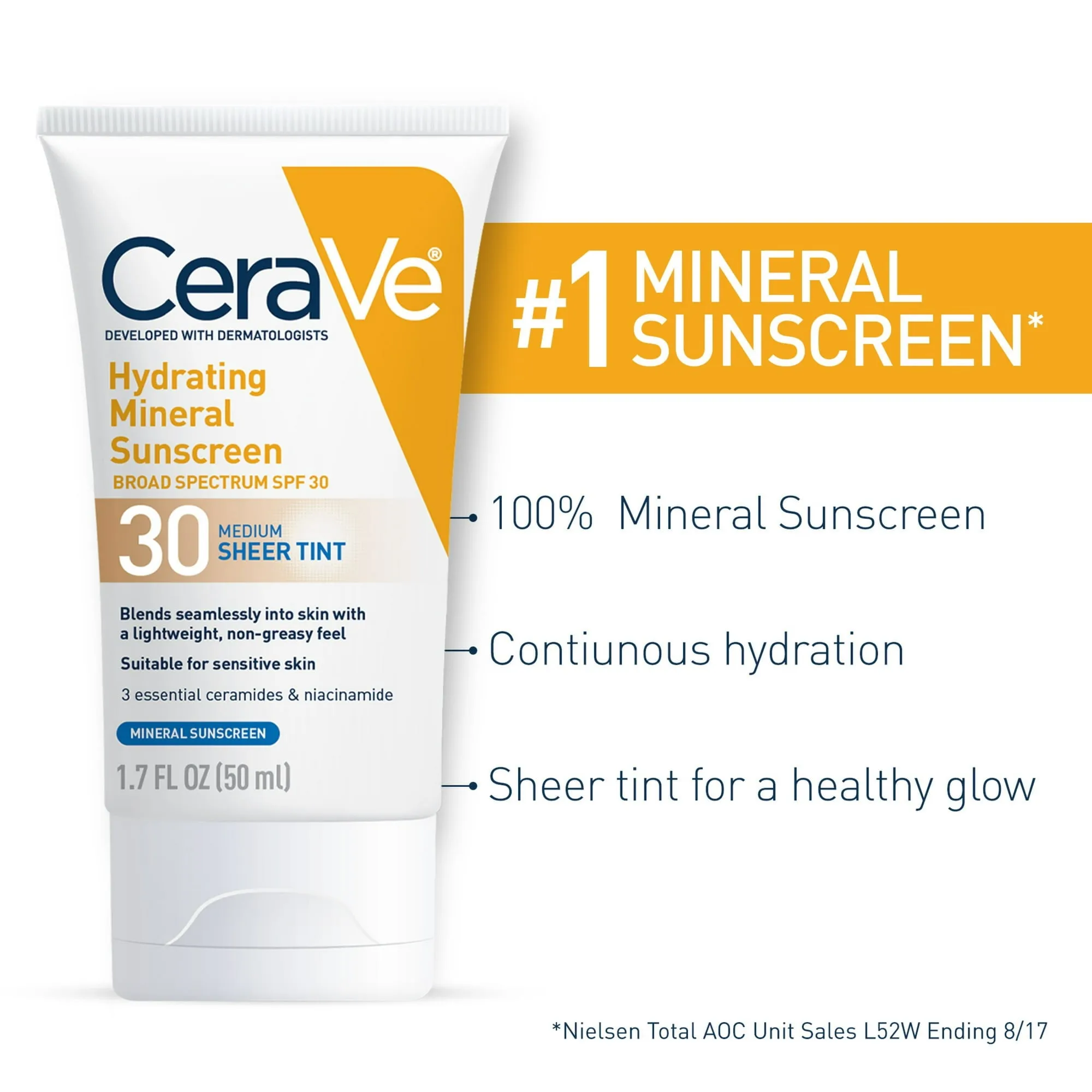 CeraVe Hydrating Mineral Sunscreen, Sheer Tint Face Sunscreen with SPF 30, All Skin Types 1.7 fl oz