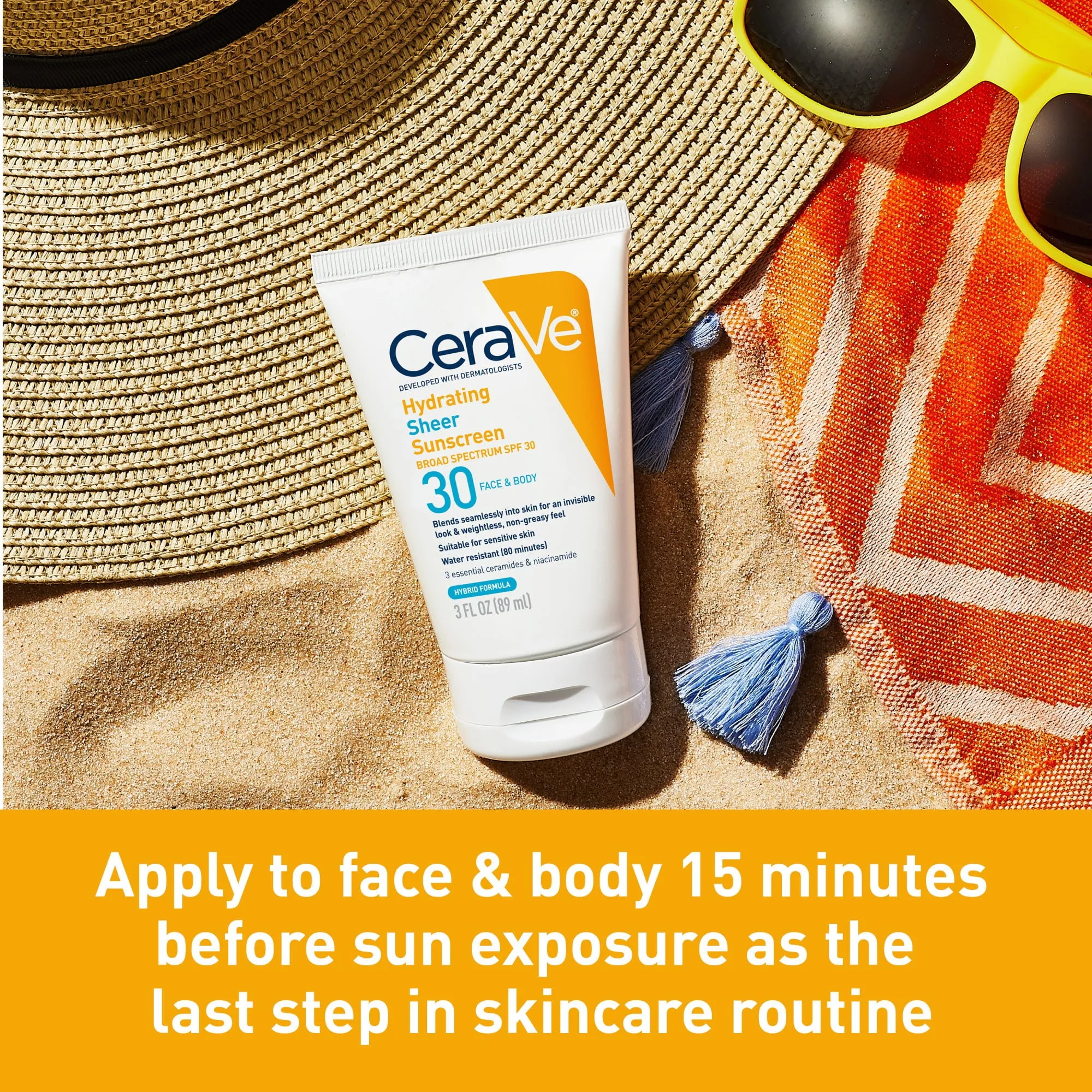 CeraVe Hydrating Sheer Sunscreen Lotion for Face & Body, SPF 30, 3 fl oz