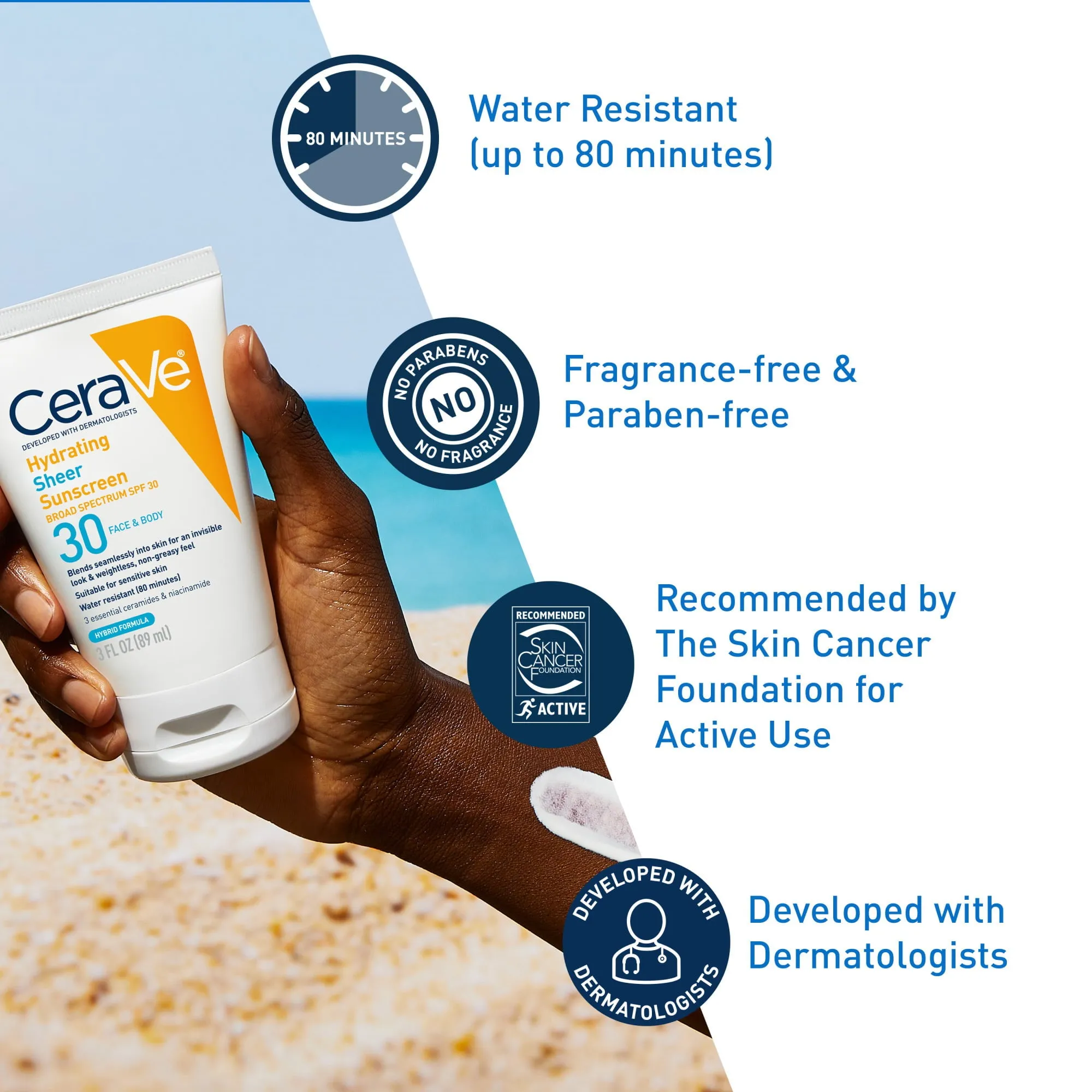 CeraVe Hydrating Sheer Sunscreen Lotion for Face & Body, SPF 30, 3 fl oz