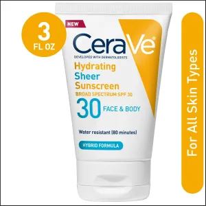 CeraVe Hydrating Sheer Sunscreen Lotion for Face & Body, SPF 30, 3 fl oz