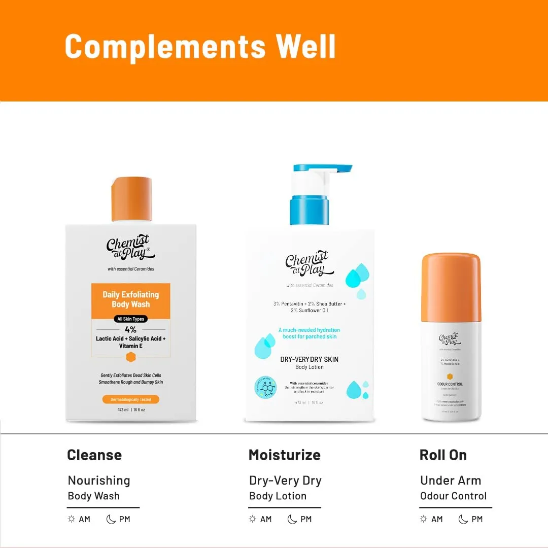 Chemist At Play Body Wash Exfoliating For Dry Rough Bumpy Strawberry Skin With 1% Salicylic Acid 2% Lactic Acid And Ceramides For Men And Women 16 Ounce