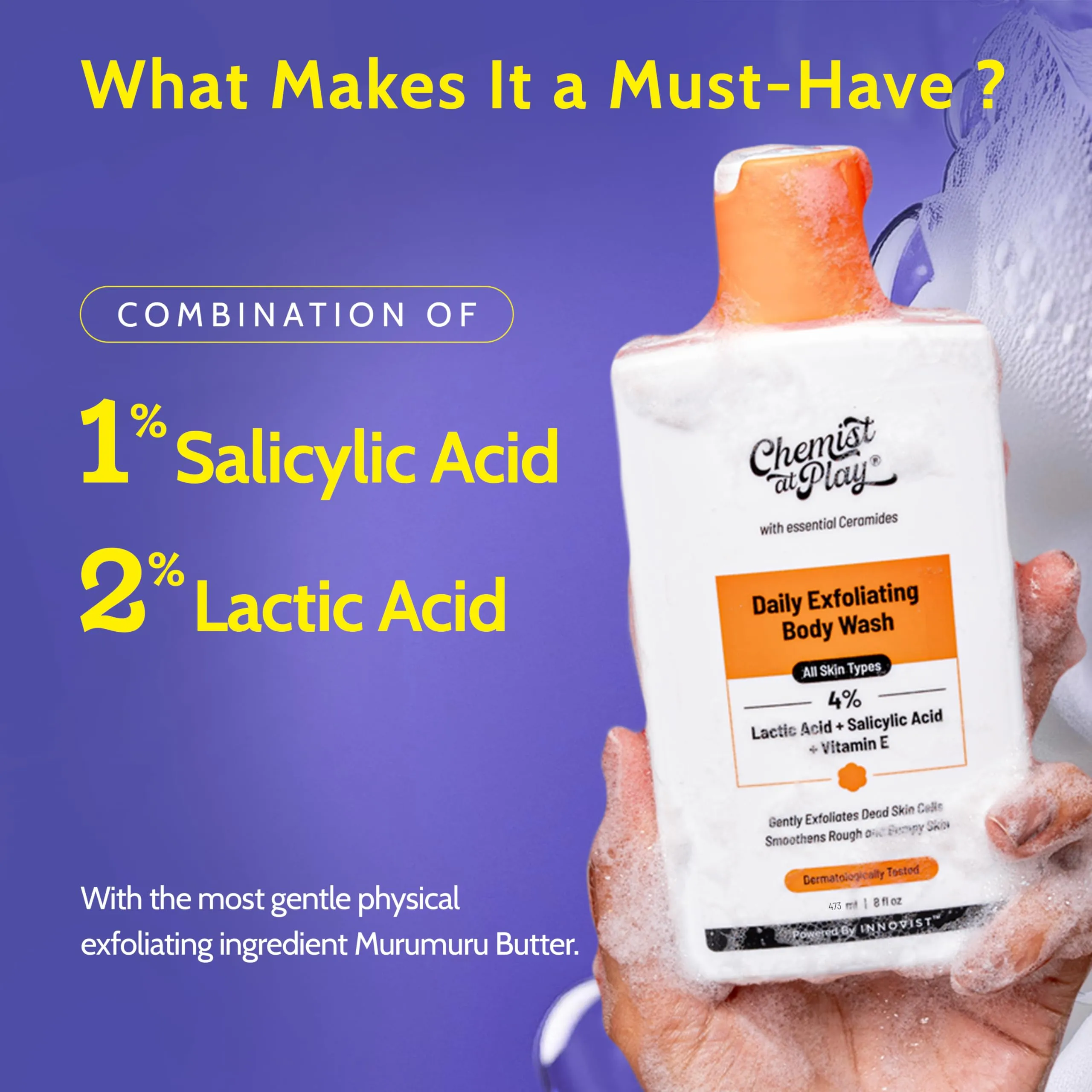 Chemist At Play Body Wash Exfoliating For Dry Rough Bumpy Strawberry Skin With 1% Salicylic Acid 2% Lactic Acid And Ceramides For Men And Women 16 Ounce