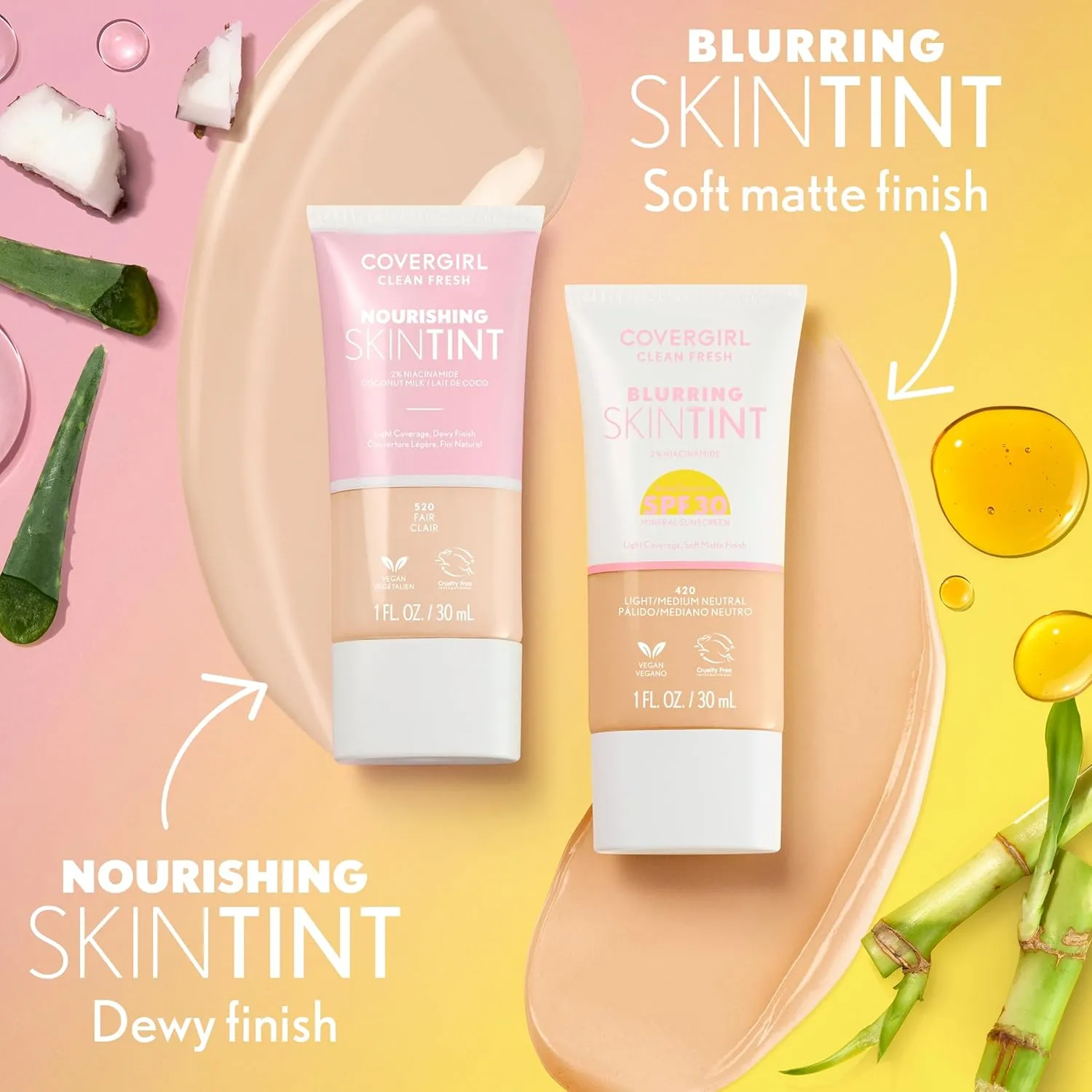 COVERGIRL Clean Fresh Nourishing Skin Tint, 520 Fair/Light, Liquid Foundation, Dewy Finish, Infused with Coconut & Aloe, Vegan Formula