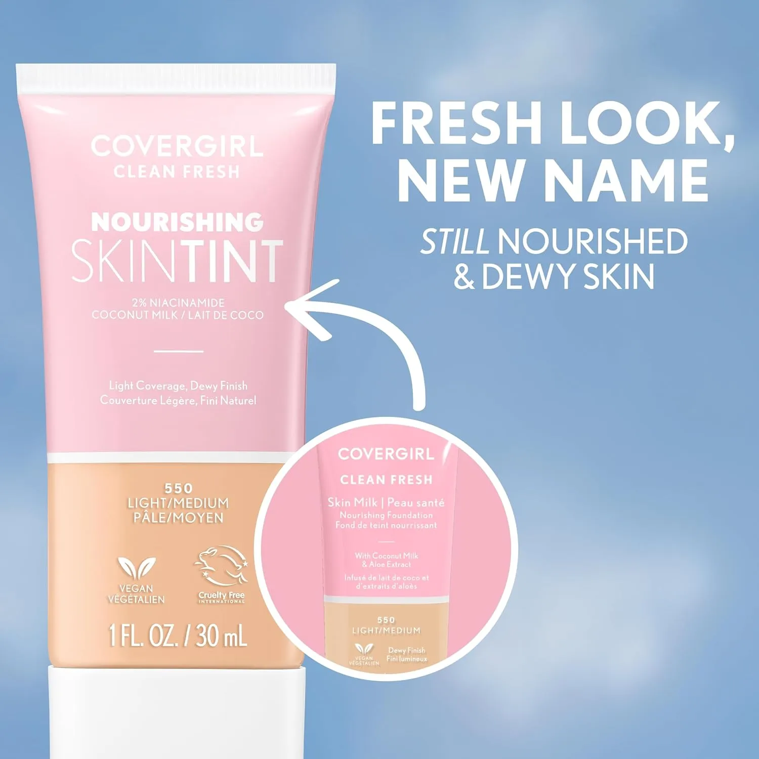 COVERGIRL Clean Fresh Nourishing Skin Tint, 520 Fair/Light, Liquid Foundation, Dewy Finish, Infused with Coconut & Aloe, Vegan Formula