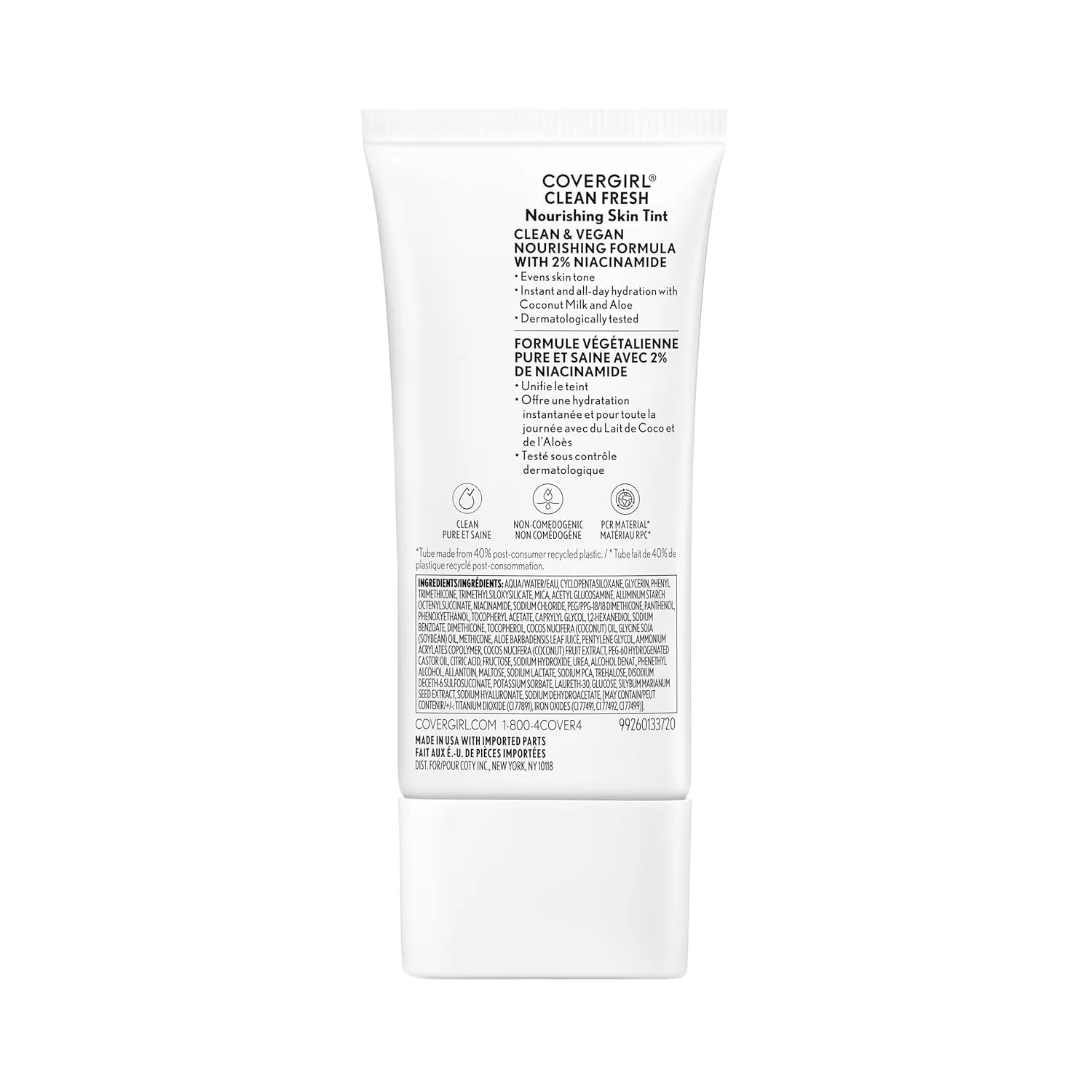 COVERGIRL Clean Fresh Nourishing Skin Tint, 550 Light/Medium, Liquid Foundation, Dewy Finish, Infused with Coconut & Aloe, Vegan Formula