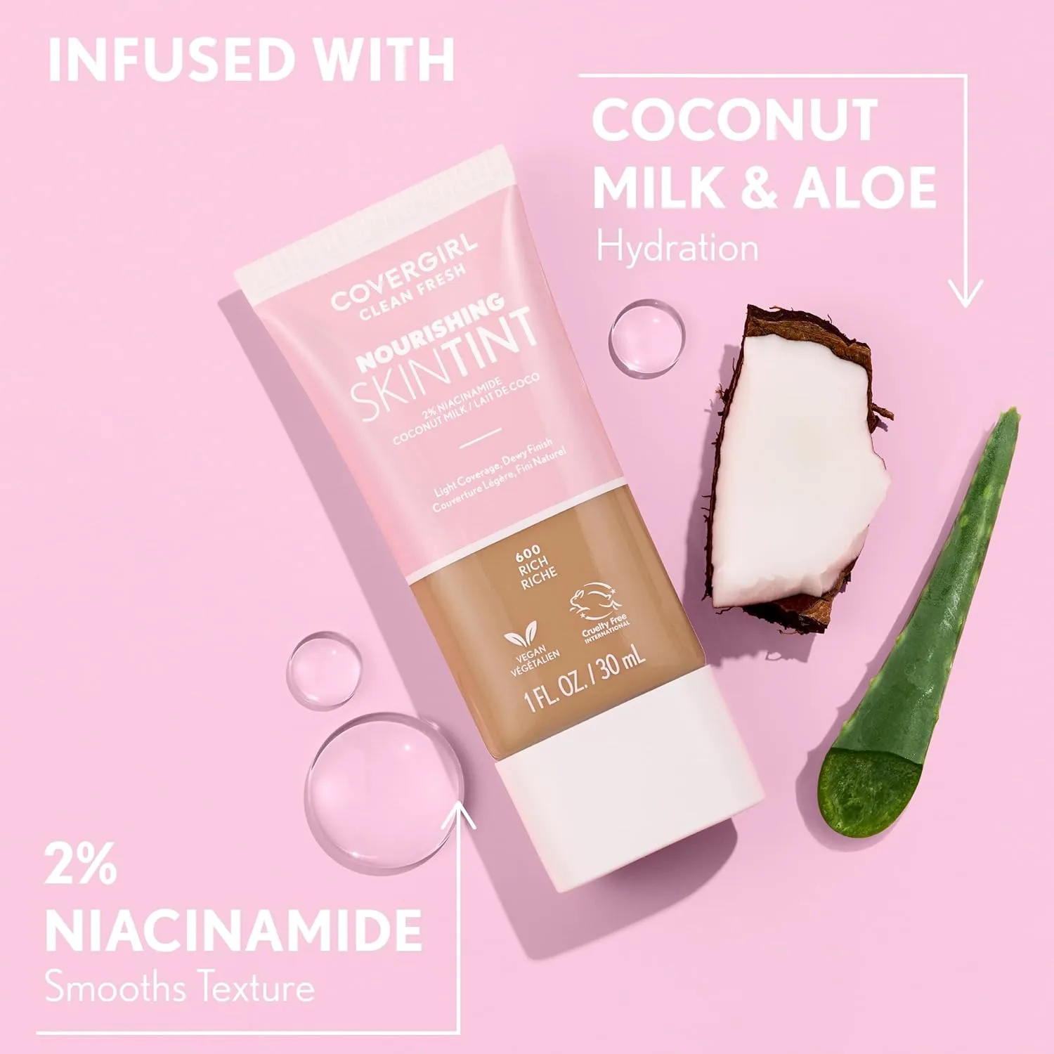 COVERGIRL Clean Fresh Nourishing Skin Tint, 550 Light/Medium, Liquid Foundation, Dewy Finish, Infused with Coconut & Aloe, Vegan Formula