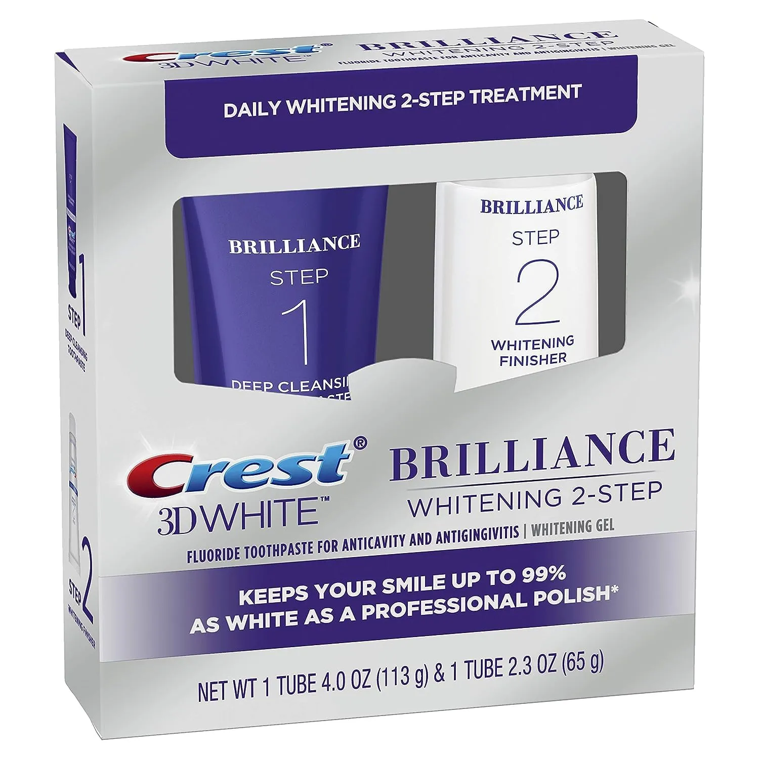 Crest 3D White Brilliance 2 Step Kit, Crest 3D White Toothpaste, Deep Clean Toothpaste (4oz)   Teeth Whitening Gel (2.3oz)