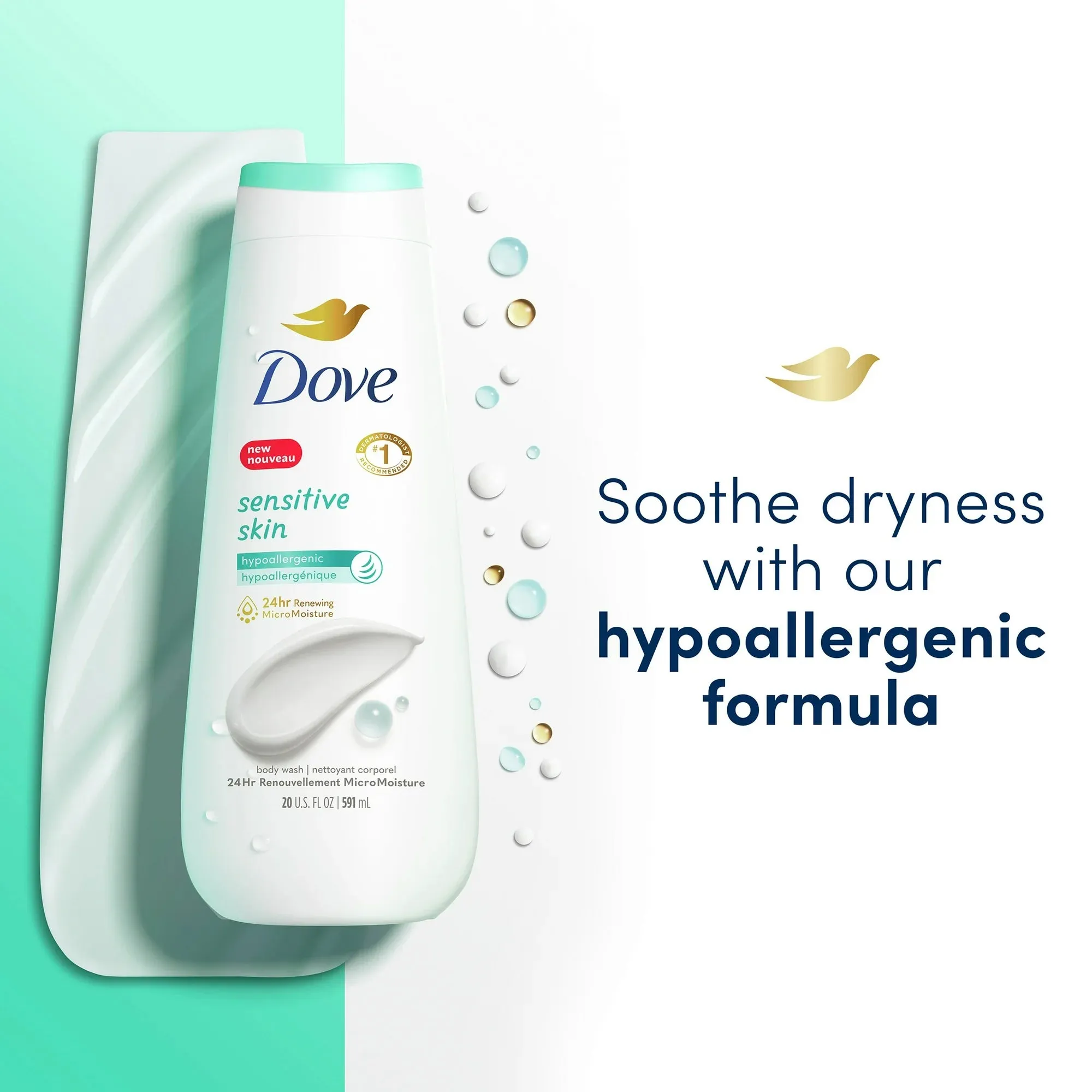 Dove Sensitive Skin Long Lasting Gentle Hypoallergenic Body Wash, 20 fl oz