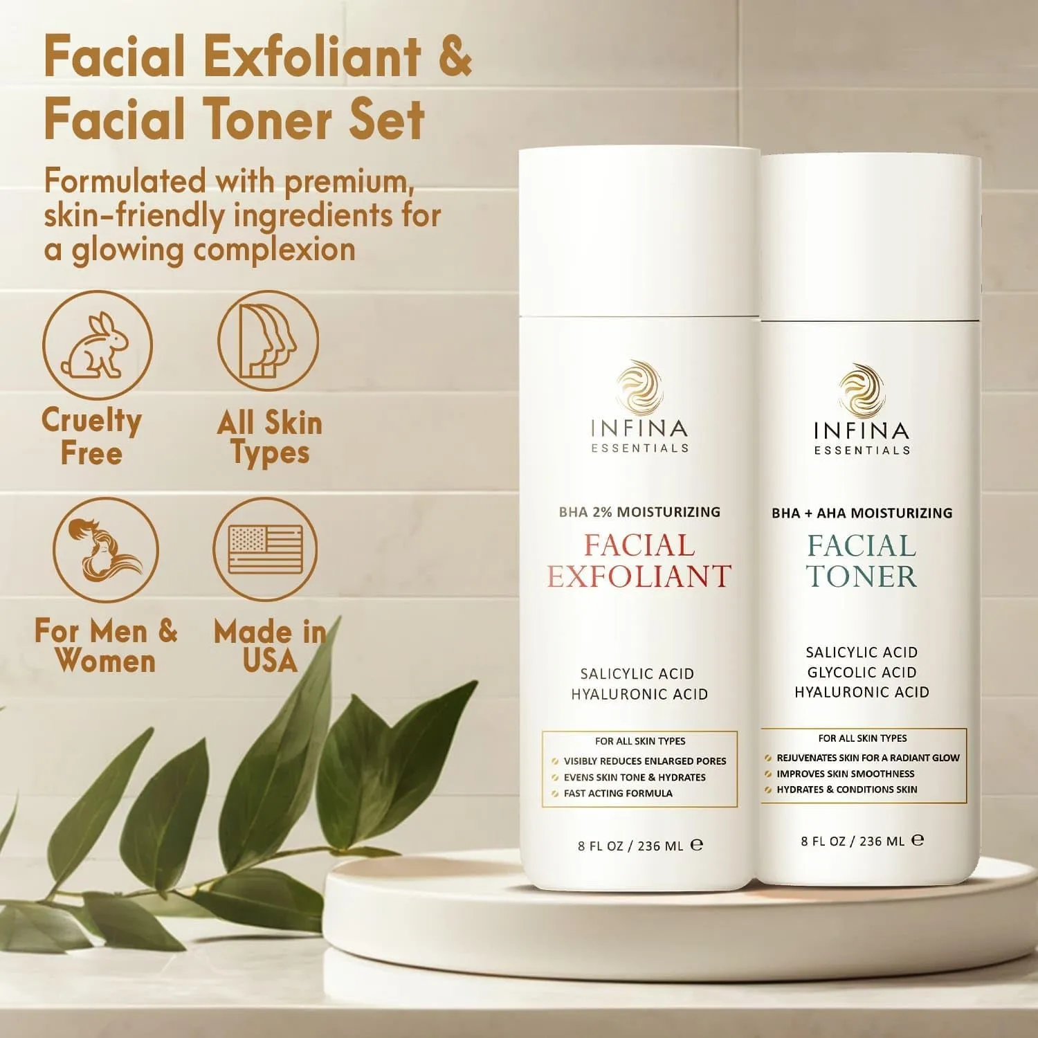 Face Exfoliator & Toner for Face, Big 8 Fl Oz Each - Revitalizing Facial Toner & Pore Reducing BHA Liquid Exfoliant - Optimal Facial Skin Care Products for Women