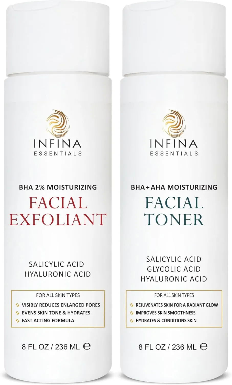Face Exfoliator & Toner for Face, Big 8 Fl Oz Each - Revitalizing Facial Toner & Pore Reducing BHA Liquid Exfoliant - Optimal Facial Skin Care Products for Women