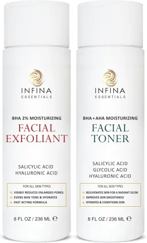 Face Exfoliator & Toner for Face, Big 8 Fl Oz Each - Revitalizing Facial Toner & Pore Reducing BHA Liquid Exfoliant - Optimal Facial Skin Care Products for Women
