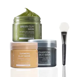 Face Mask Trio with Applicator (Turmeric Clay, Dead Sea Mud & Charcoal Gel Face Mask)