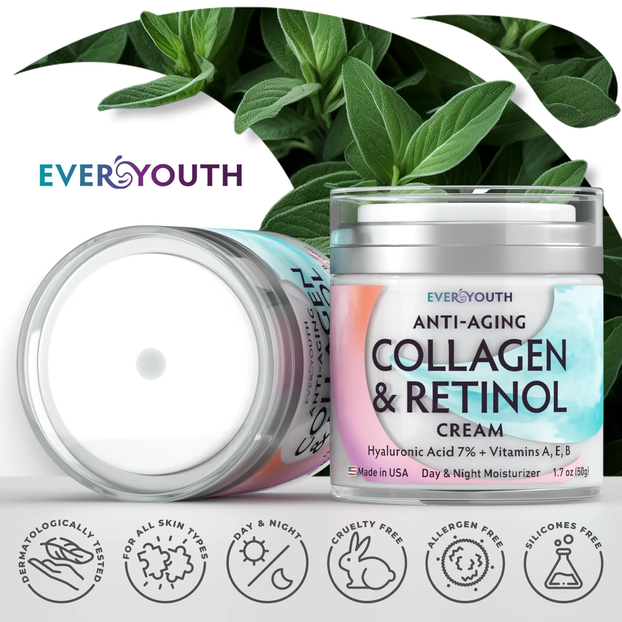 Face Moisturizer for Women, Anti Aging Collagen Cream for Face with Hyaluronic Acid and Vitamin A, Day & Night Retinol Cream, Daily Moisturizer for Face, Neck Creams for Tightening and Firming, 1.7oz