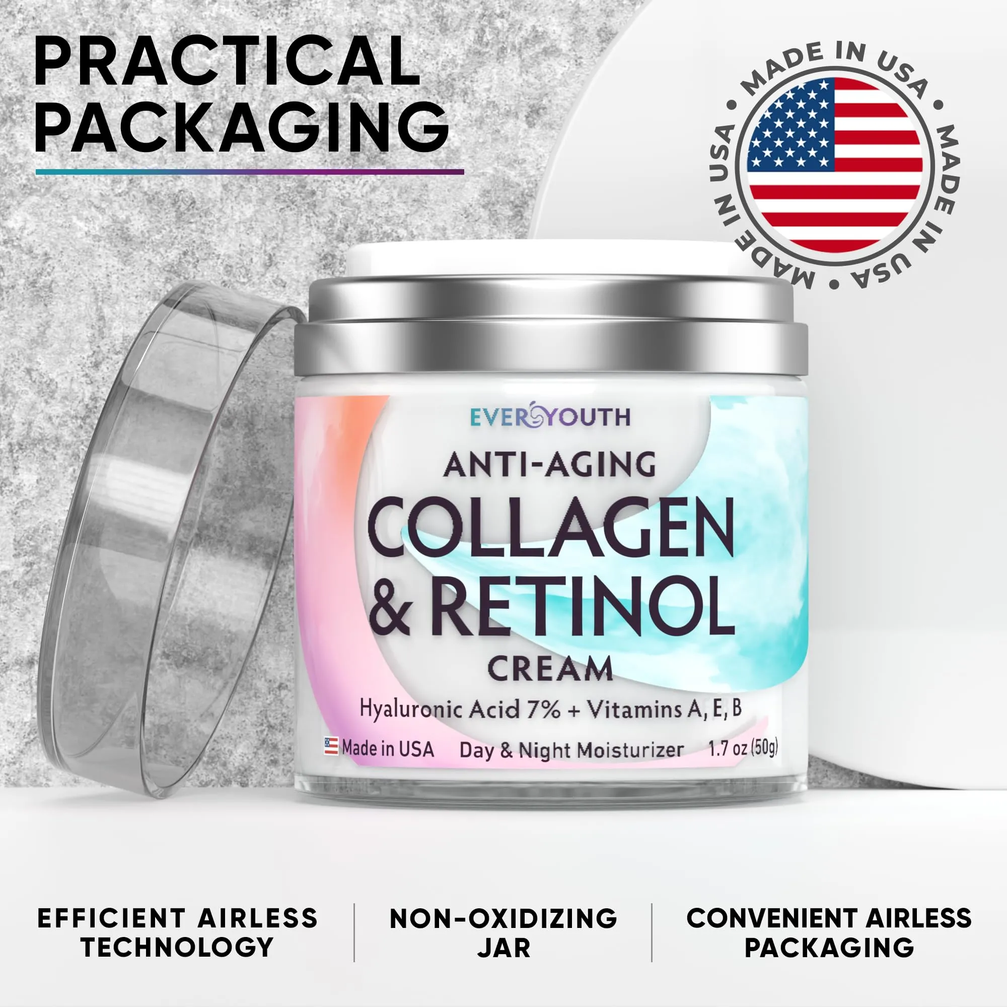 Face Moisturizer for Women, Anti Aging Collagen Cream for Face with Hyaluronic Acid and Vitamin A, Day & Night Retinol Cream, Daily Moisturizer for Face, Neck Creams for Tightening and Firming, 1.7oz