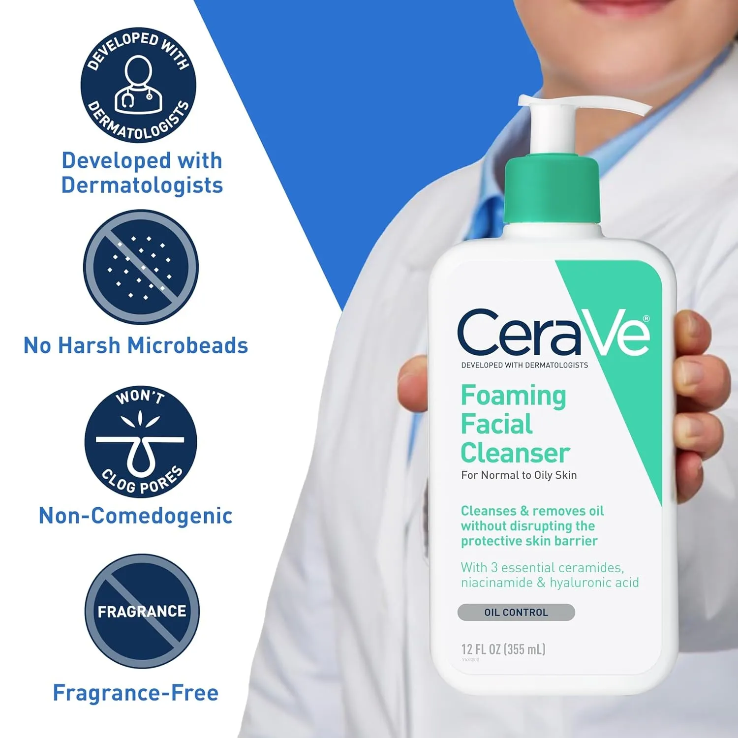 Foaming Facial Cleanser, Daily Face Wash for Oily Skin with Hyaluronic Acid, Ceramides, and Niacinamide, Fragrance Free, 16 Fluid Ounce