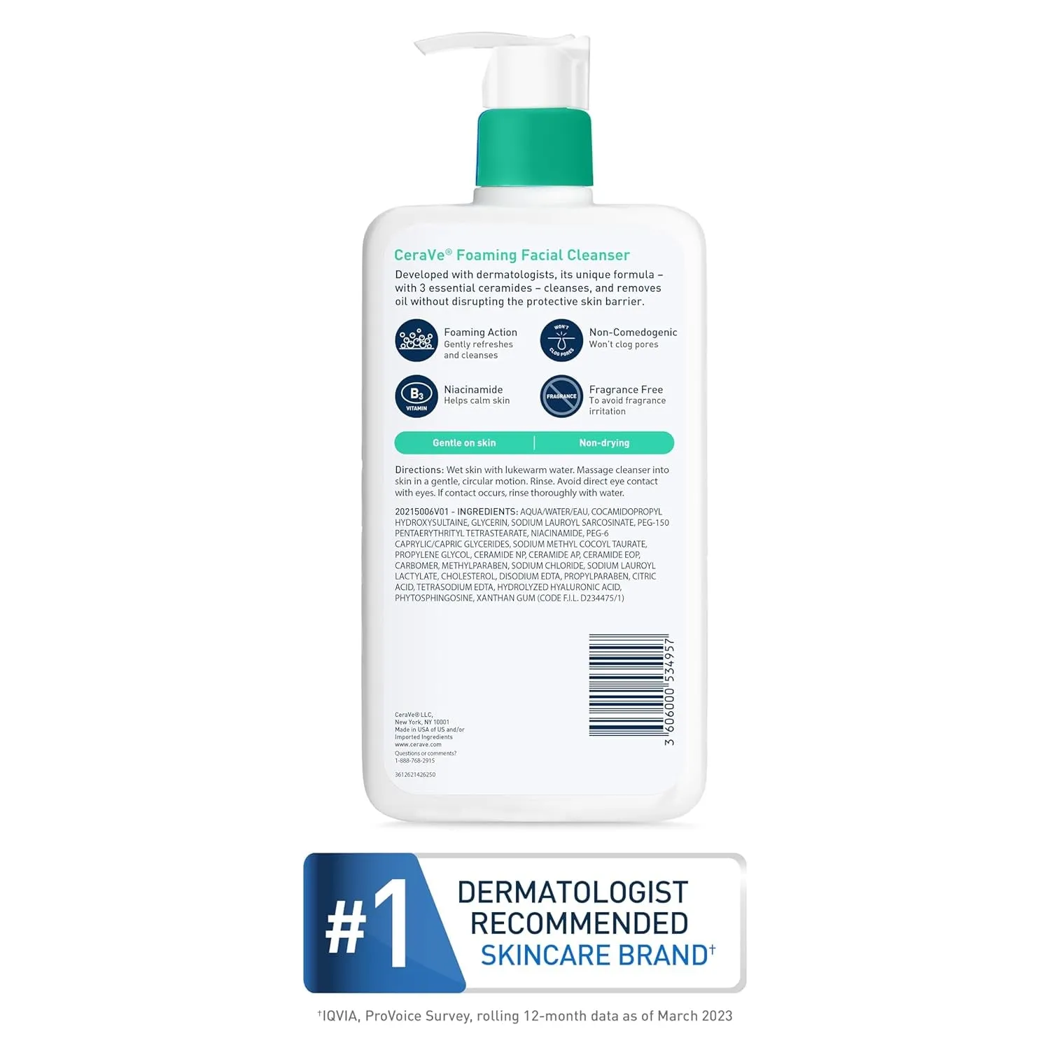 Foaming Facial Cleanser, Daily Face Wash for Oily Skin with Hyaluronic Acid, Ceramides, and Niacinamide, Fragrance Free, 16 Fluid Ounce
