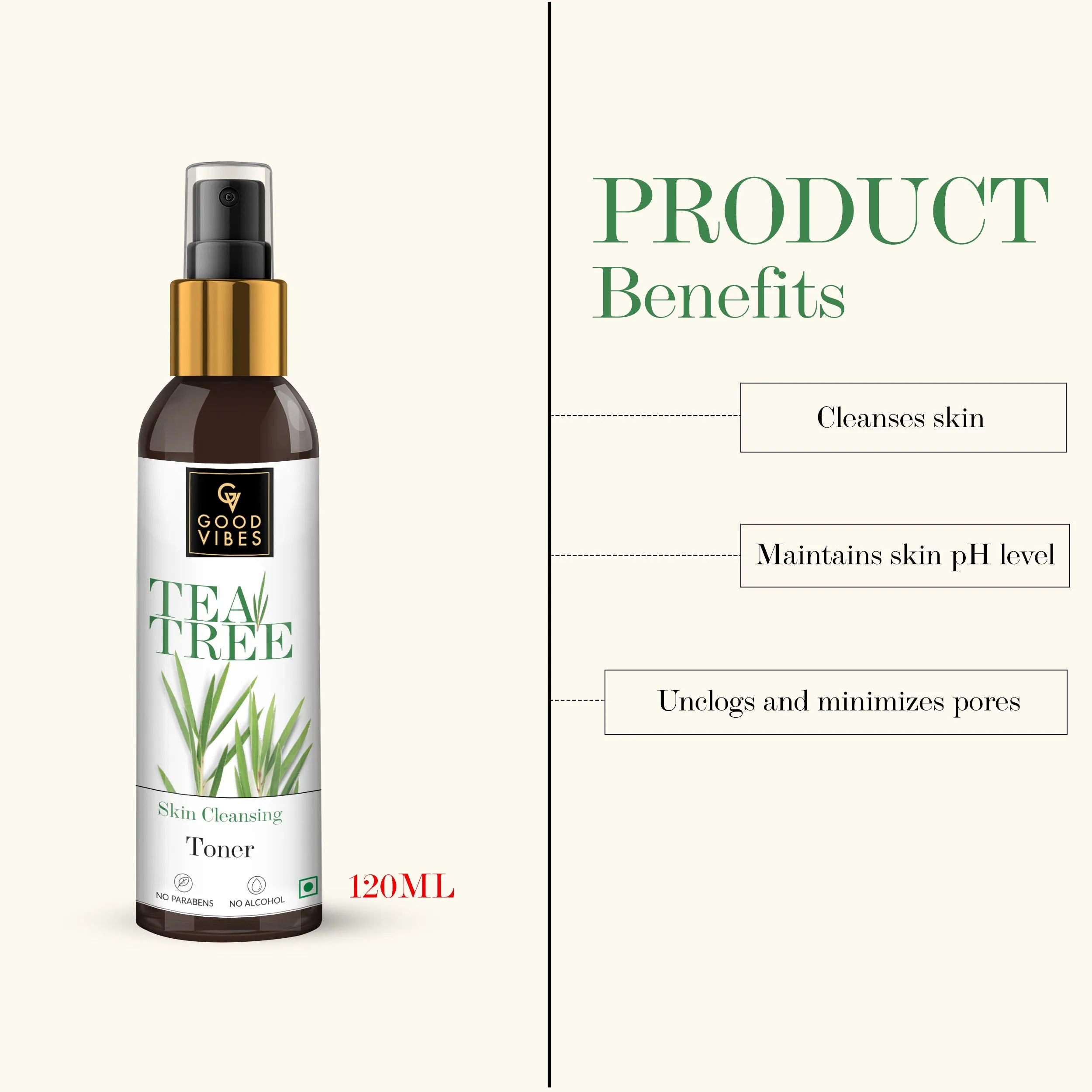 Good Vibes Tea Tree Cleansing Toner | Hydrating, Anti-Acne | With Green Tea | No Alcohol, No Parabens, No Sulphates, No Mineral Oil (120 ml)