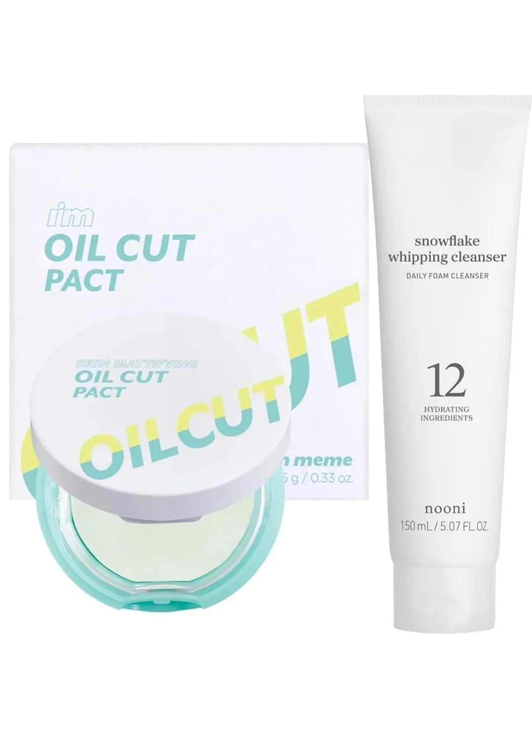 I'm Meme Compact - Oil Cut Pact 0.34 Oz   NOONI Korean Facial Clenaser - Snowflake Whipping Cleanser 5.07 Fl Oz Bundle