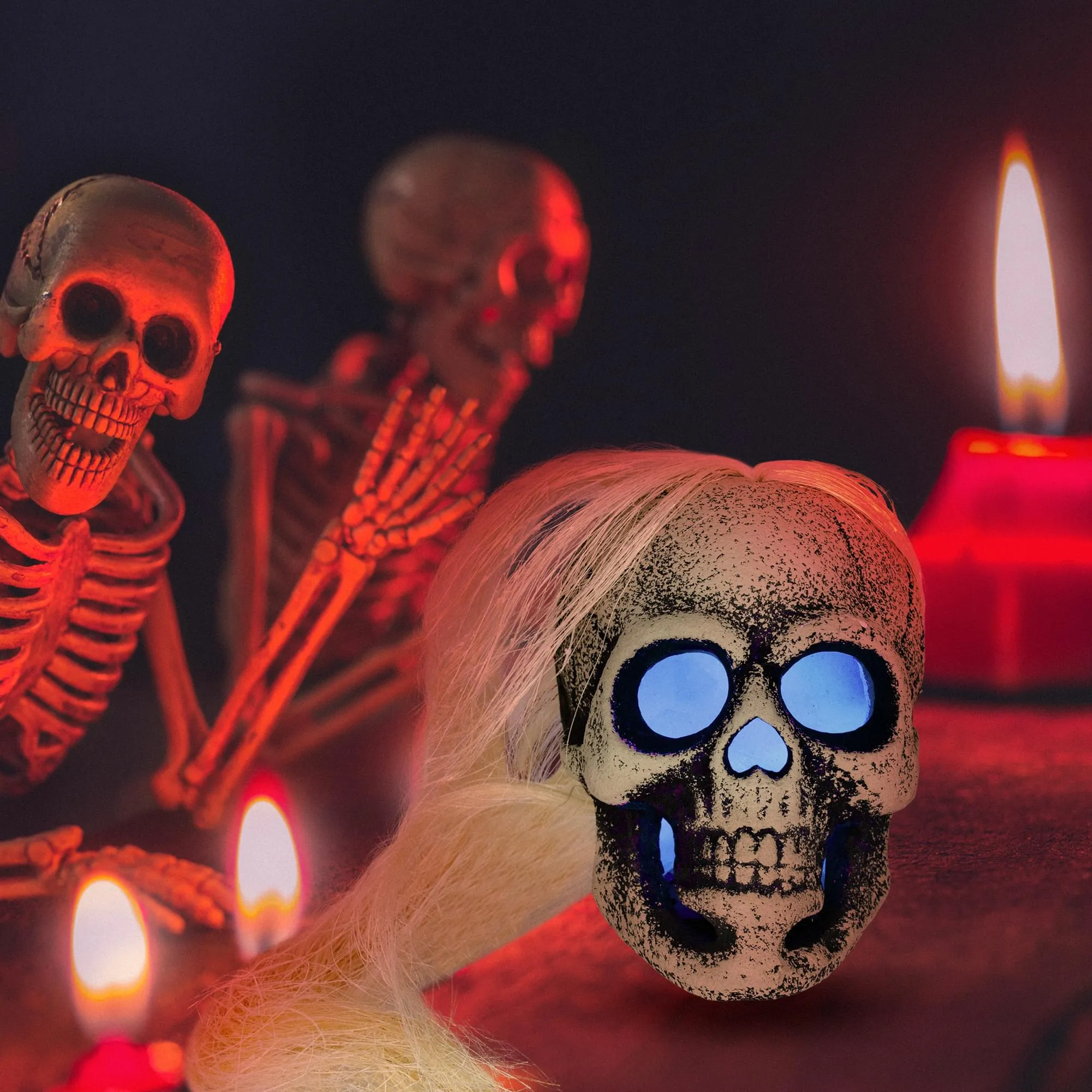 Led White Skull With Hair Scary Halloween Costume Mask Prop