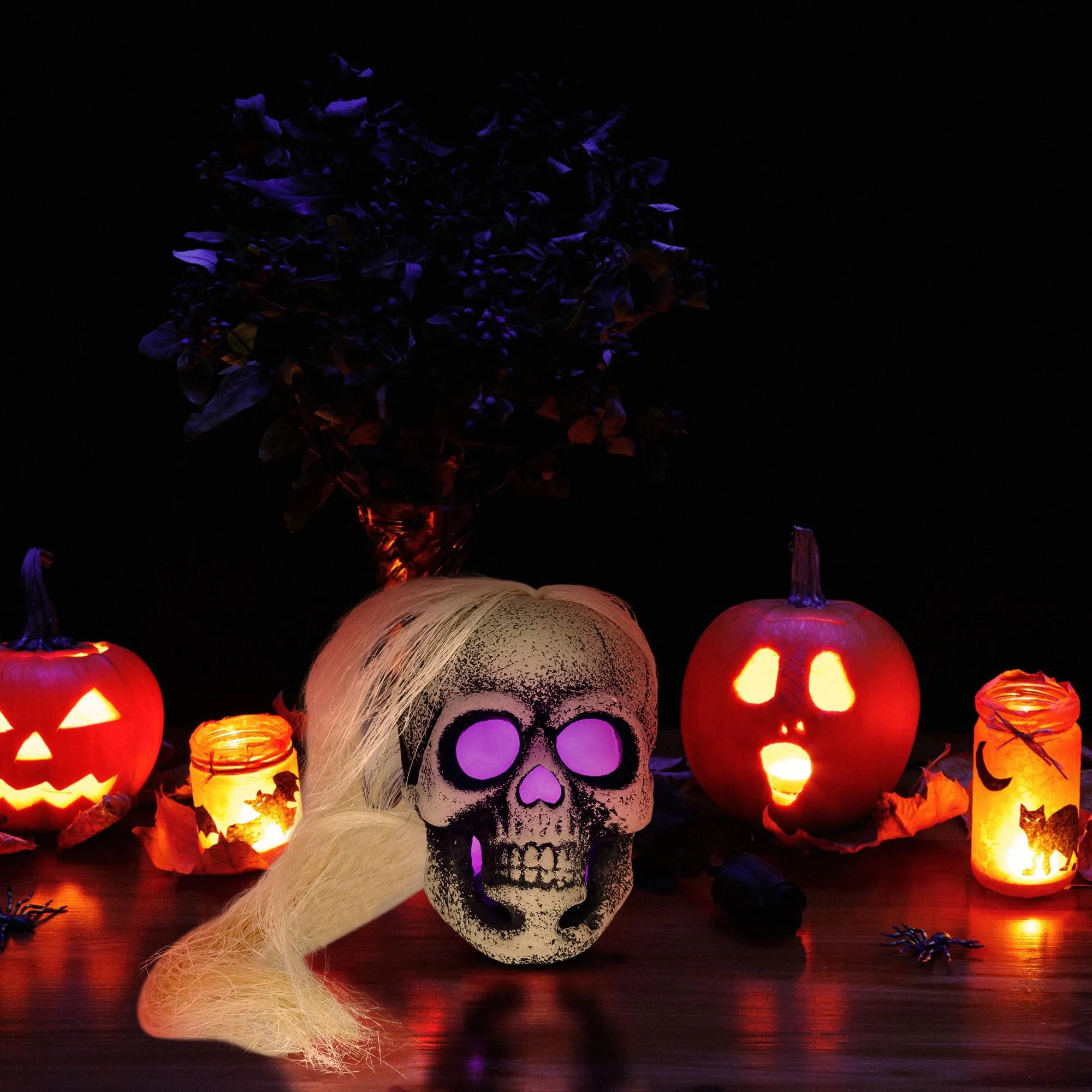 Led White Skull With Hair Scary Halloween Costume Mask Prop
