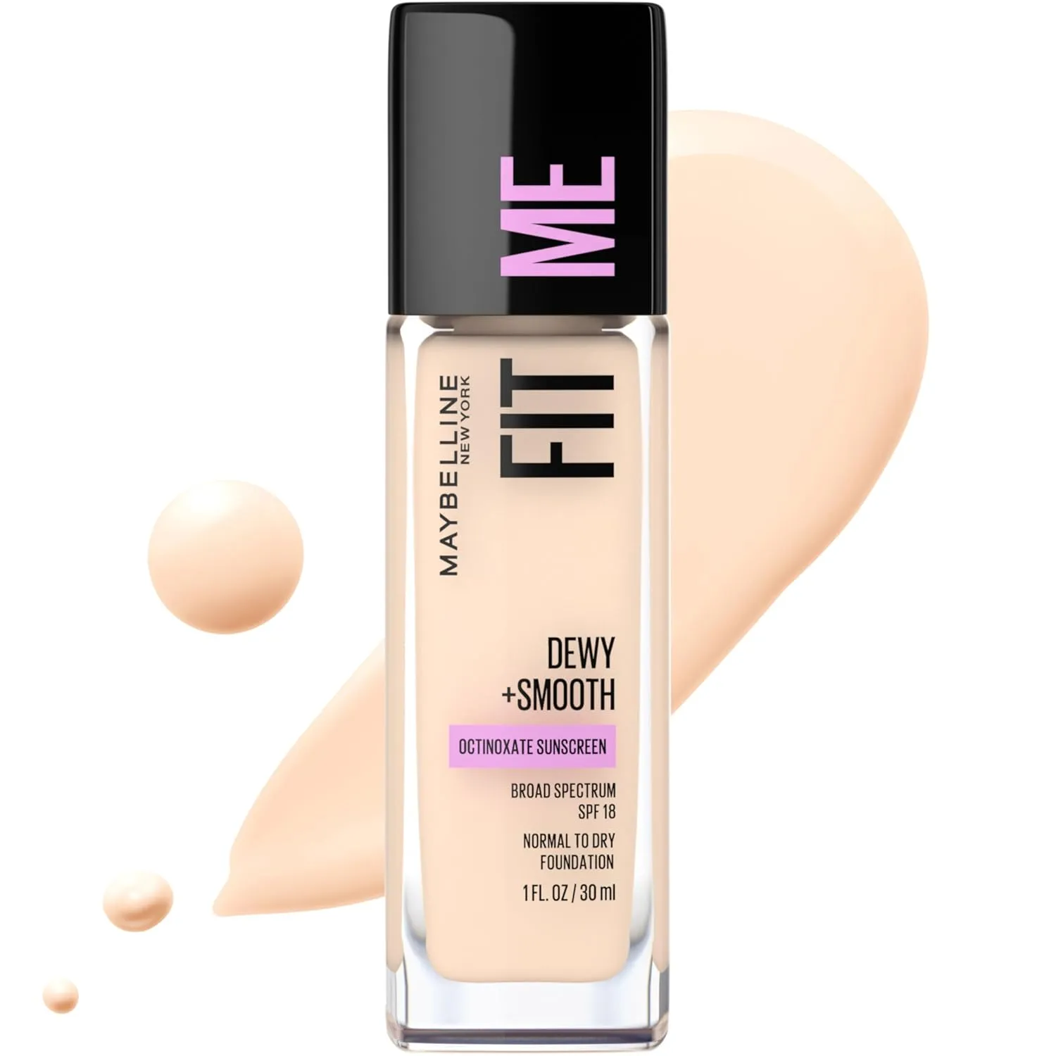 Maybelline Fit Me Dewy   Smooth Liquid Foundation Makeup, Fair Porcelain, 1 Count (Packaging May Vary)