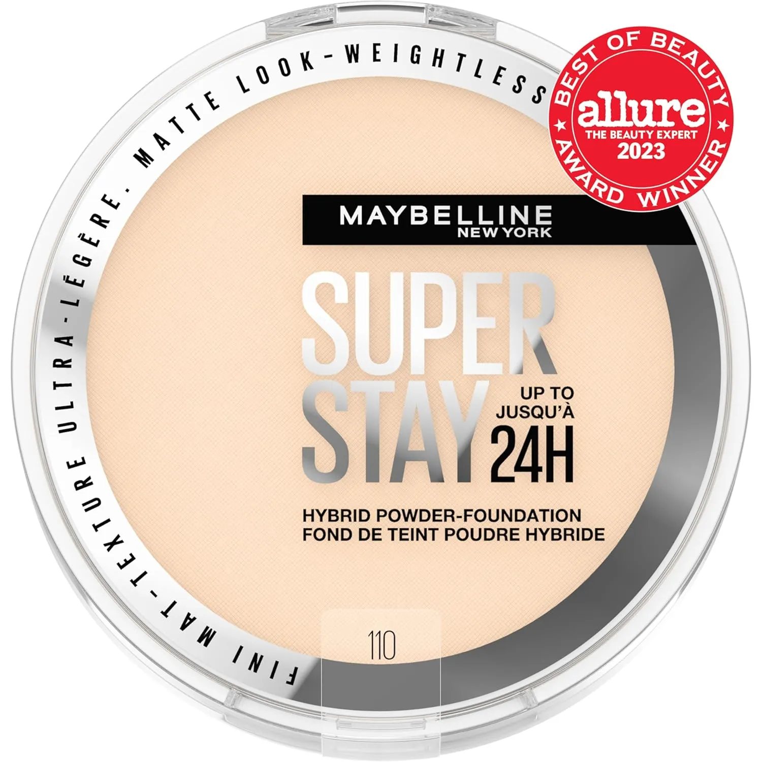 Maybelline Super Stay Up to 24HR Hybrid Powder-Foundation, Medium-to-Full Coverage Makeup, Matte Finish, 110, 1 Count