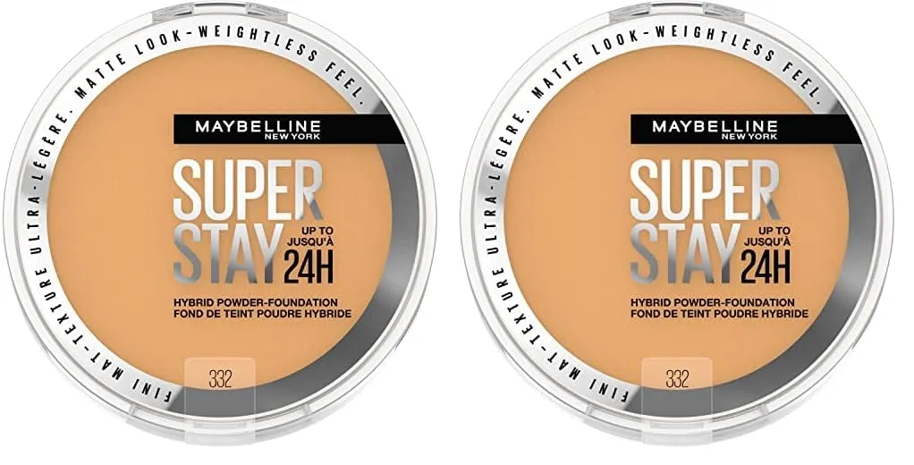 Maybelline Super Stay Up to 24HR Hybrid Powder-Foundation, Medium-to-Full Coverage Makeup, Matte Finish, 332, 1 Count (Pack of 2)