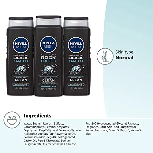 Nivea Men Deep Clean Rock Salts Body Wash, Exfoliating Rock Salt Body Wash, 3 Pack of 16.9 Fl Oz Bottles
