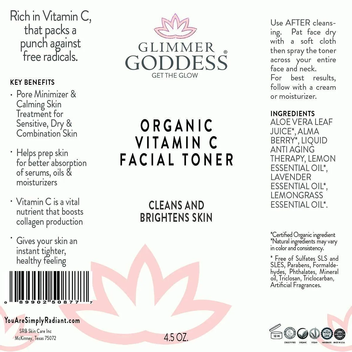 Organic Vitamin C Facial Toner Natural Astringent Face Toner Alcohol Free 4.5 oz