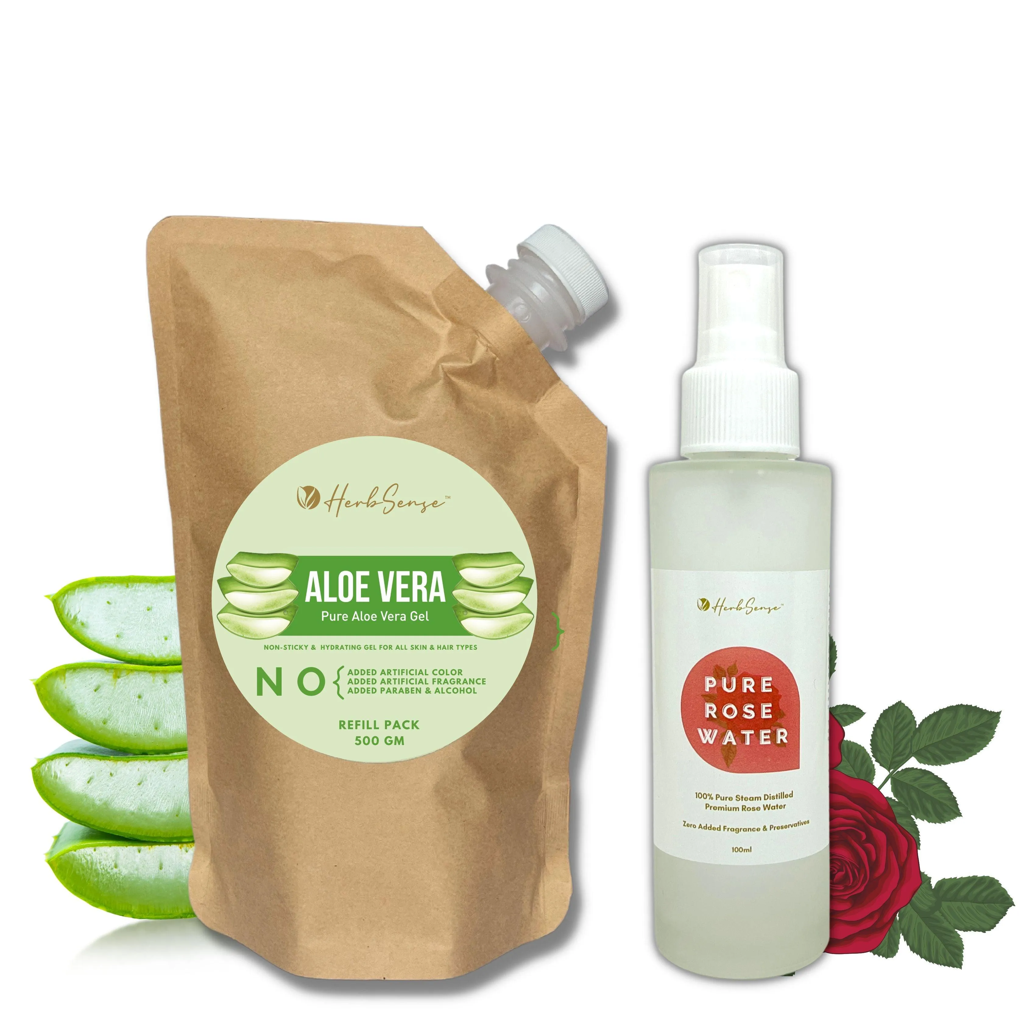 Pure Aloe Vera Gel Refill Pack   Pure Rose Water Combo Pack, Hydrating & Refreshing Combo, Eco-friendly Refill Pack 500gm  & 100ML Rose Water