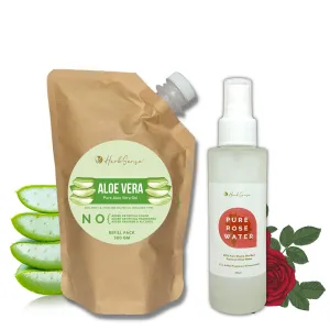 Pure Aloe Vera Gel Refill Pack   Pure Rose Water Combo Pack, Hydrating & Refreshing Combo, Eco-friendly Refill Pack 500gm  & 100ML Rose Water