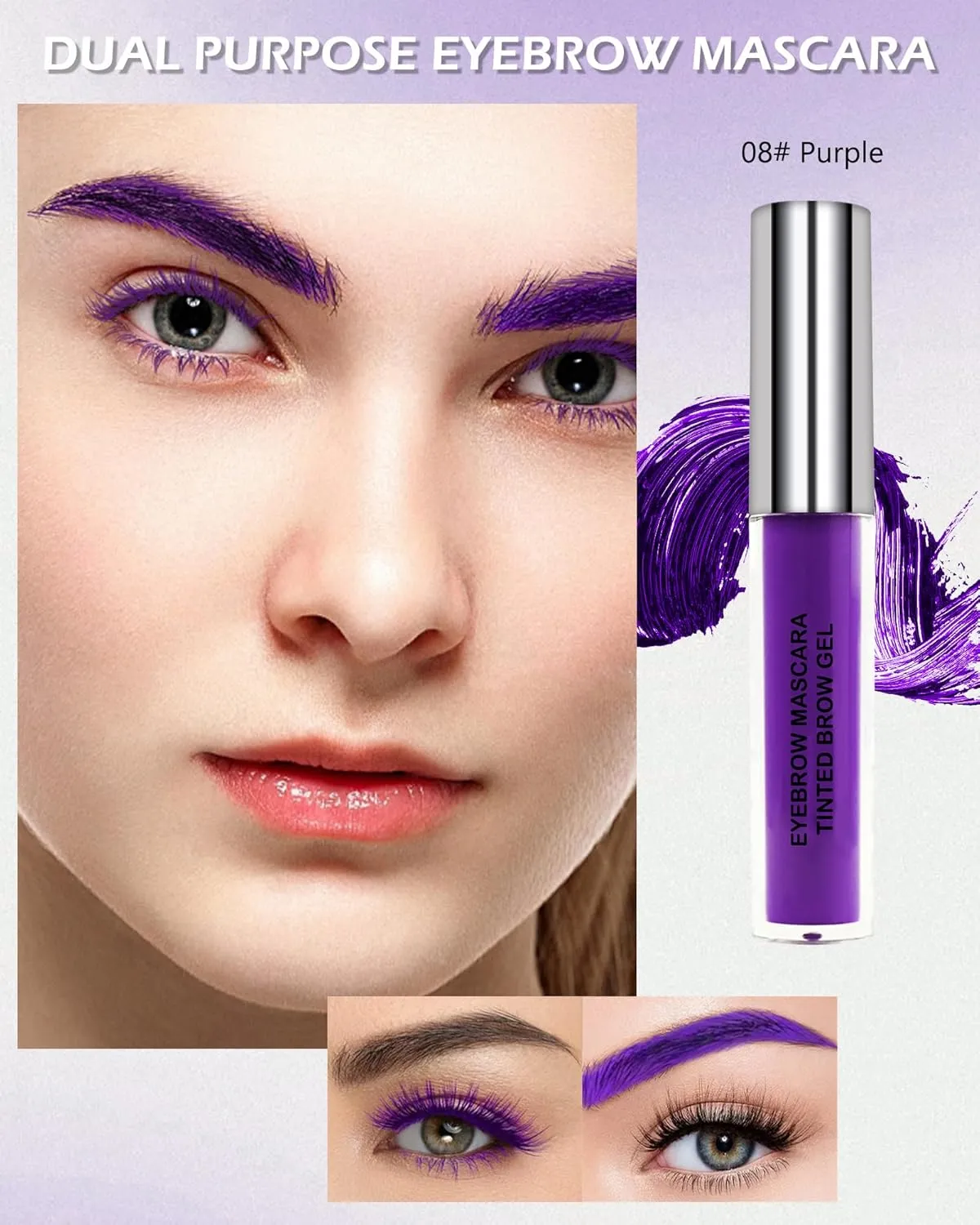 Purple Waterproof Mascara for Eyelashes Eyebrow, Long Lasting Tinted Brow Lash Extension Mscara, Curly Volumizing Eyebrow Mascara, Smudge Proof Non Clump Colored Brow Gel Eye Makeup for Women